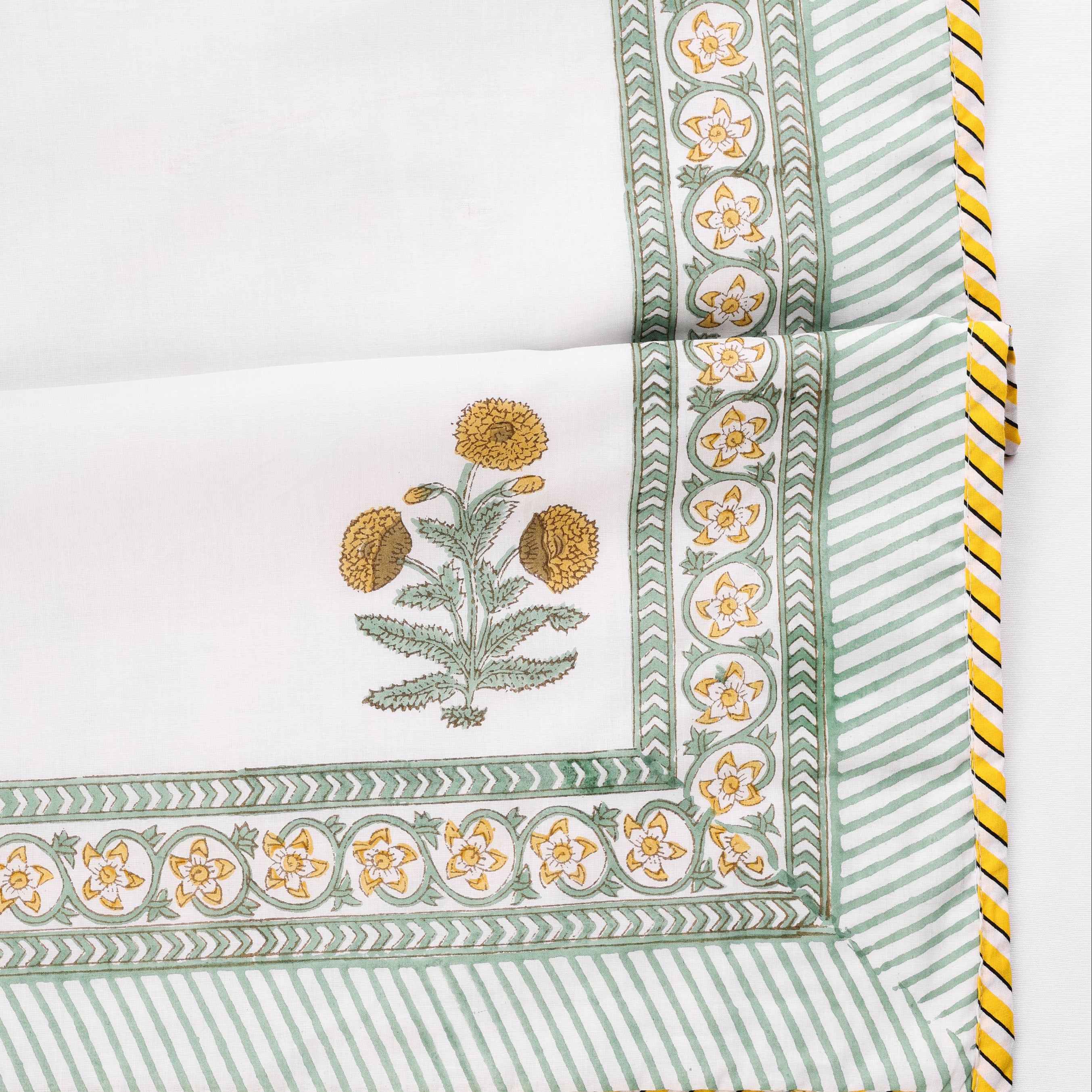 Decorative cotton dohar blanket with floral print and yellow trim on a white background. single bed dohar and double bed dohar.