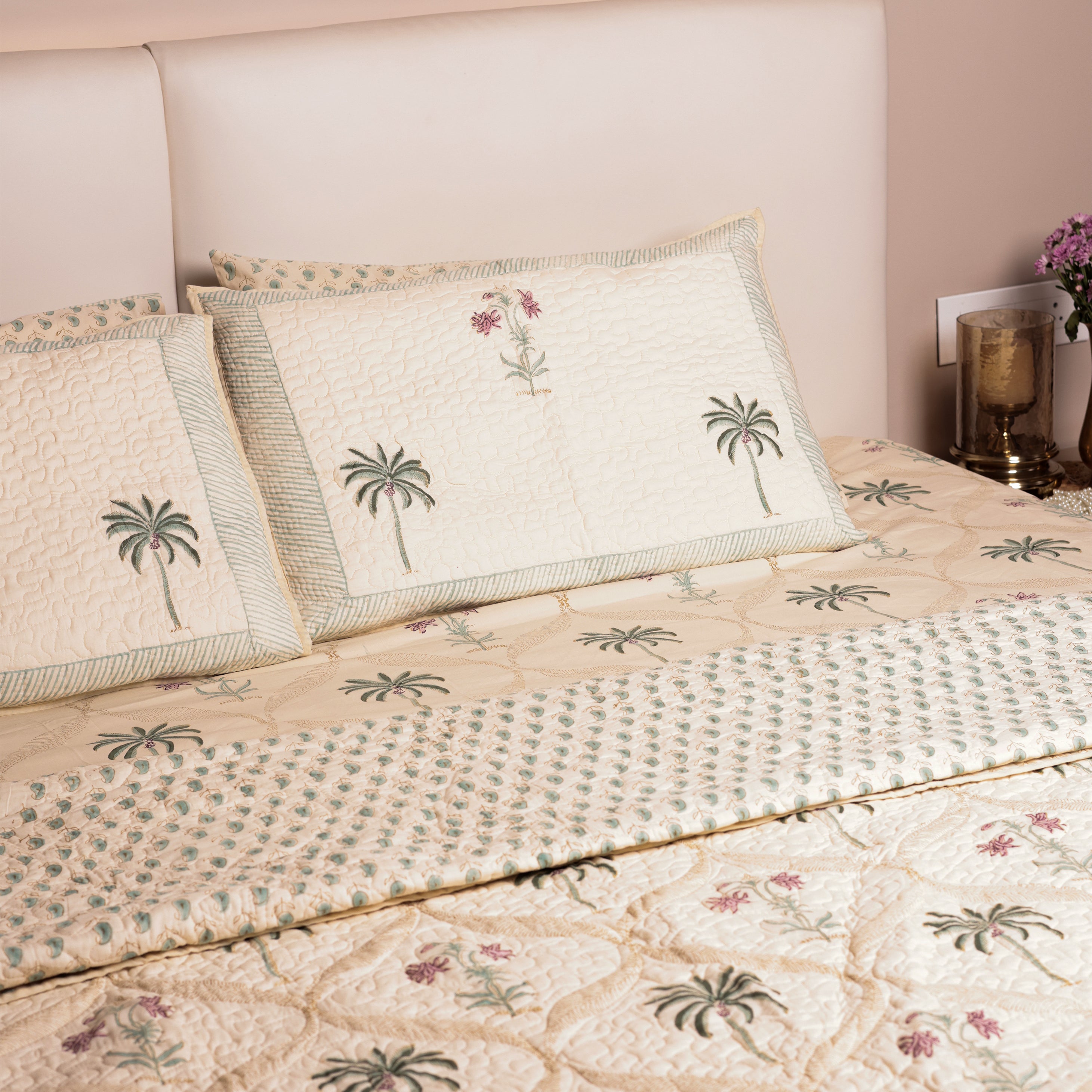 Bed with pure cotton double bed sheet with palm tree and flower motifs