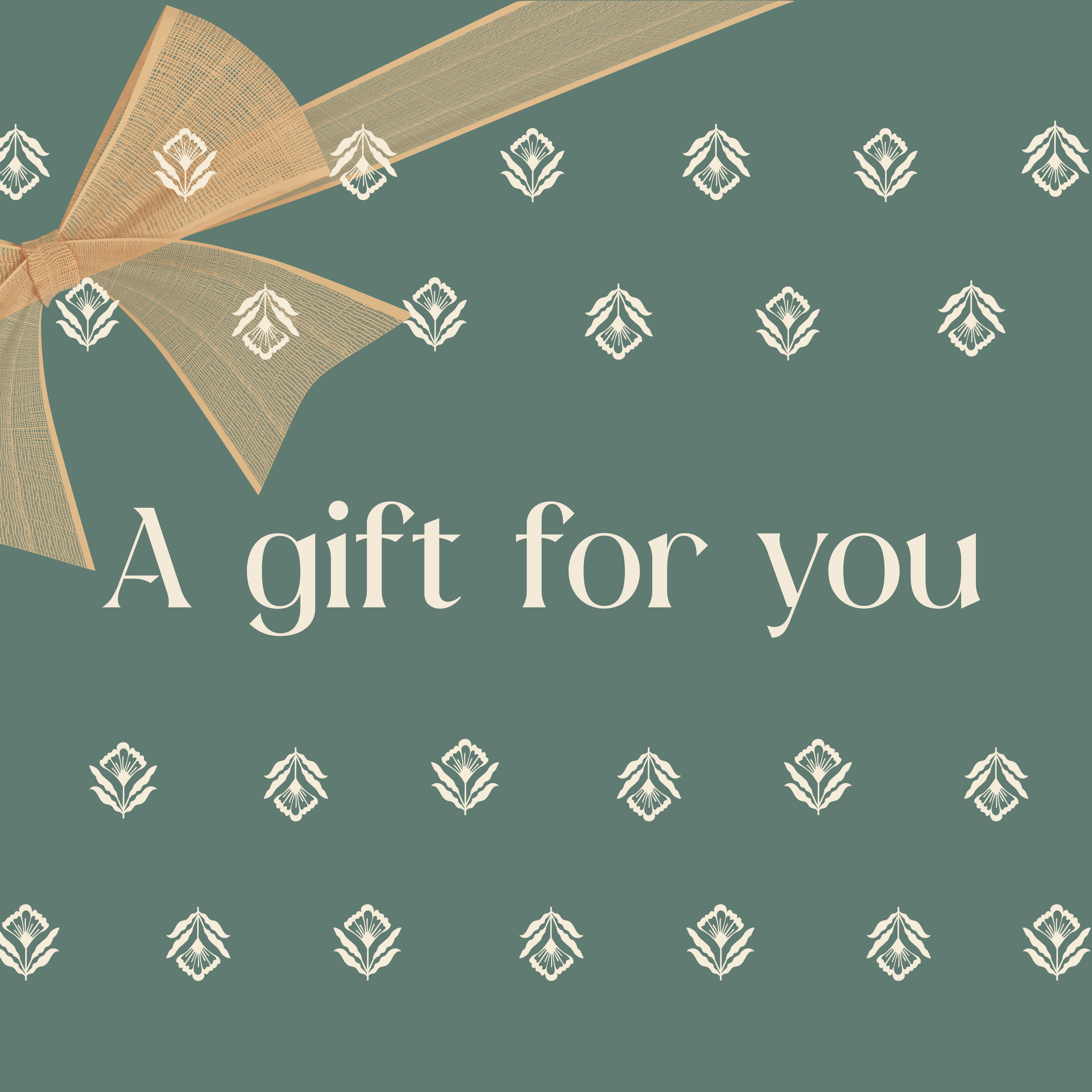 Gift card with a decorative bow and text 'A gift for you' on a green background with subtle patterns.