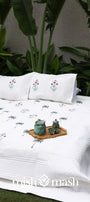 White luxury bed spread with floral print. Buy white cotton bed cover.