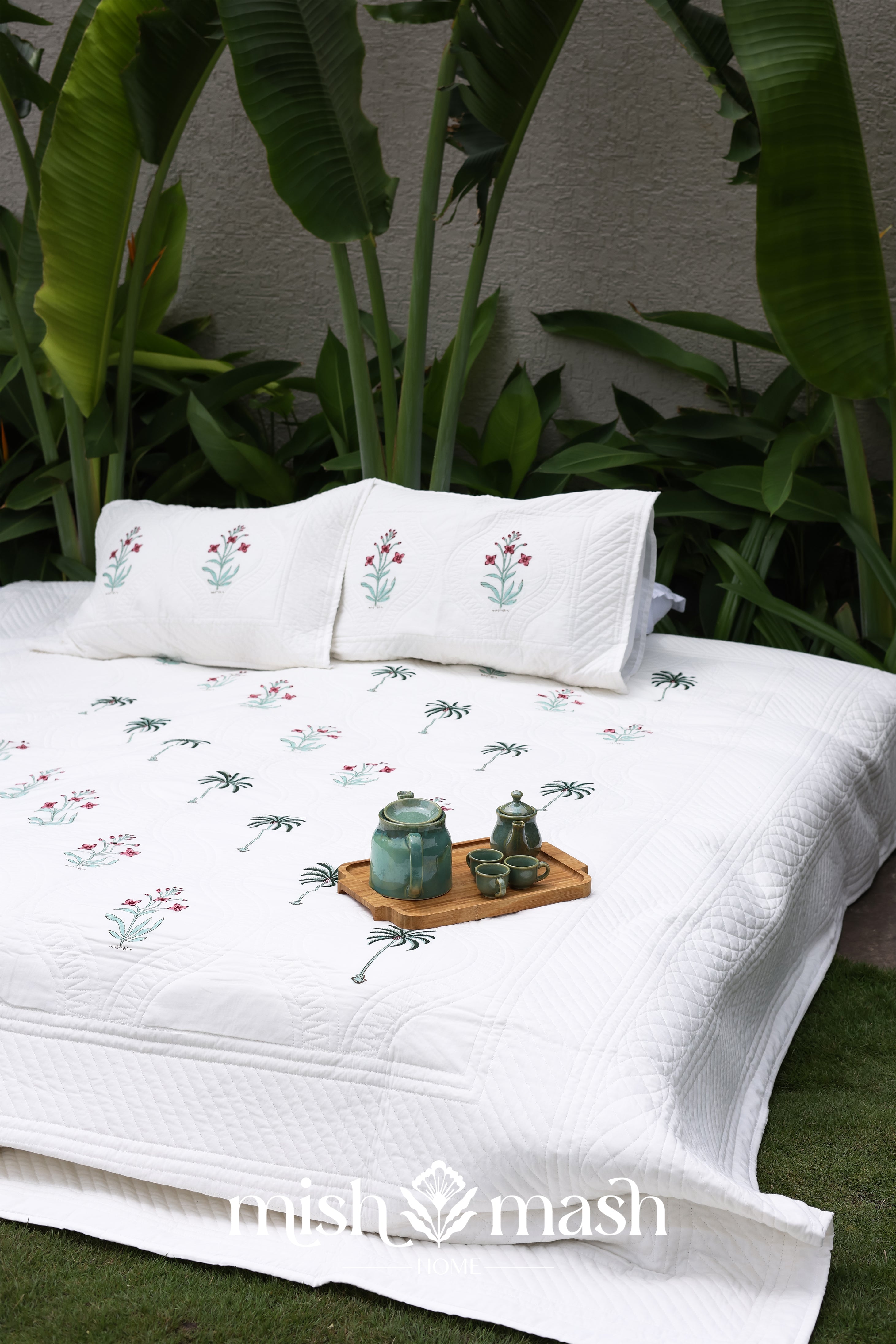 White luxury bed spread with floral print. Buy white cotton bed cover.
