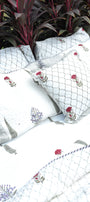 Set of decorative pillows with floral double bed bedsheet made in Jaipur. Fabindia bedsheet.