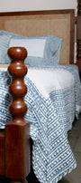 Bed with blue double bed bedsheet and quilted bed cover in a room setting. Buy pure cotton double bedsheet and luxury bedspread online.