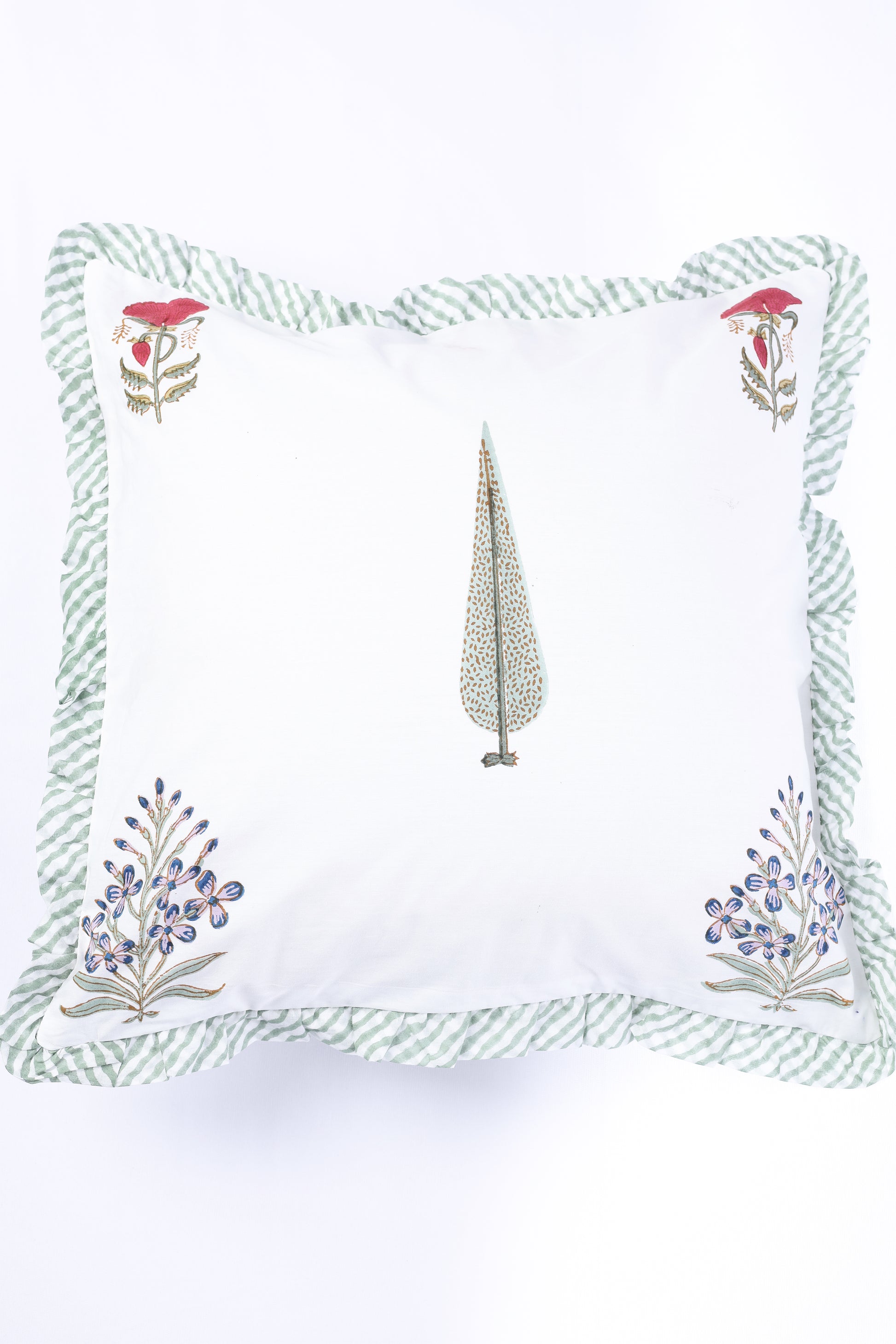 Decorative cushion covers online with floral and tree design on a white background