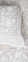 Floral patterned grey bed spread online with grey and white matching pillow 