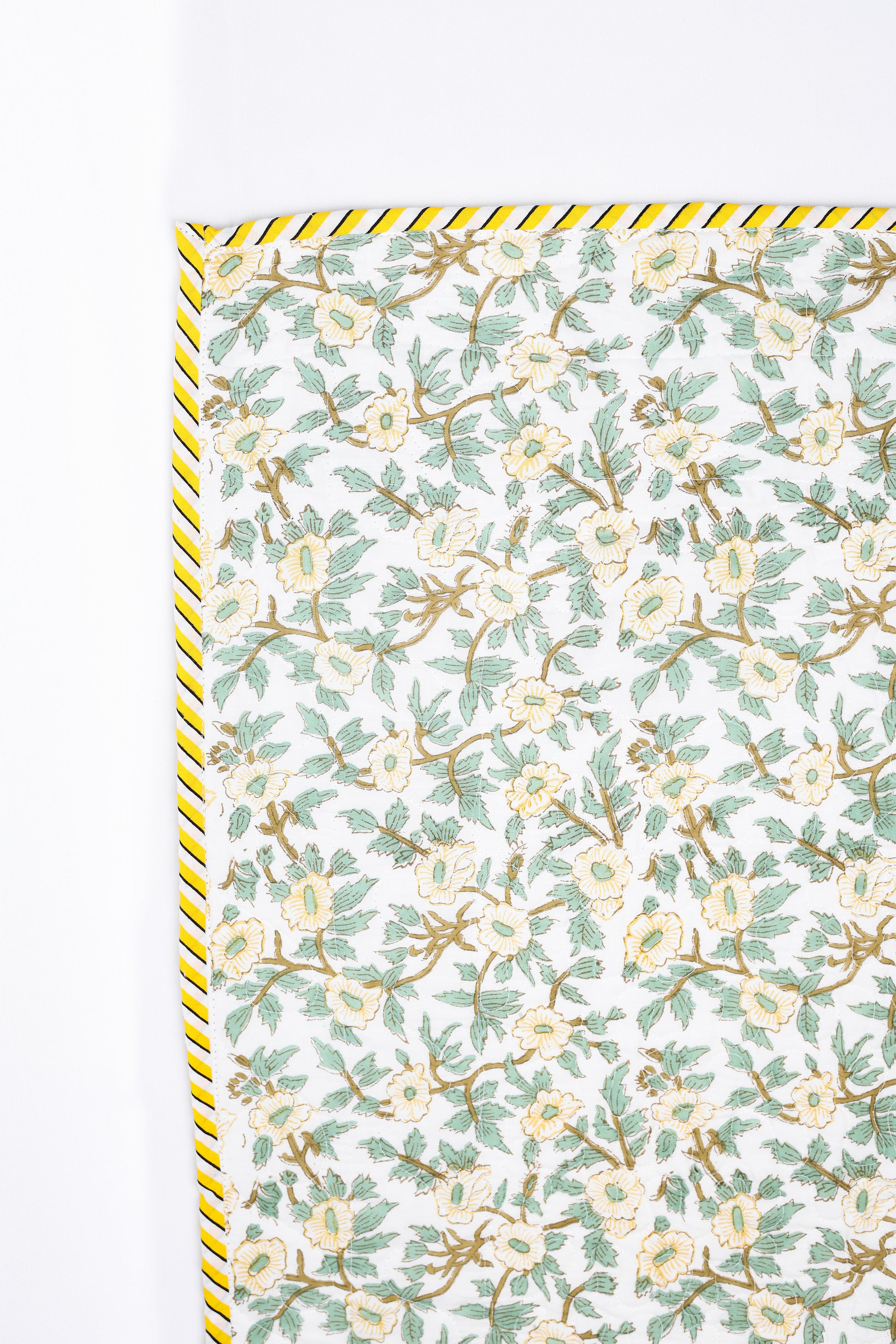 Floral patterned cotton bed cover with a yellow border on a white background. buy cotton bedspreads.