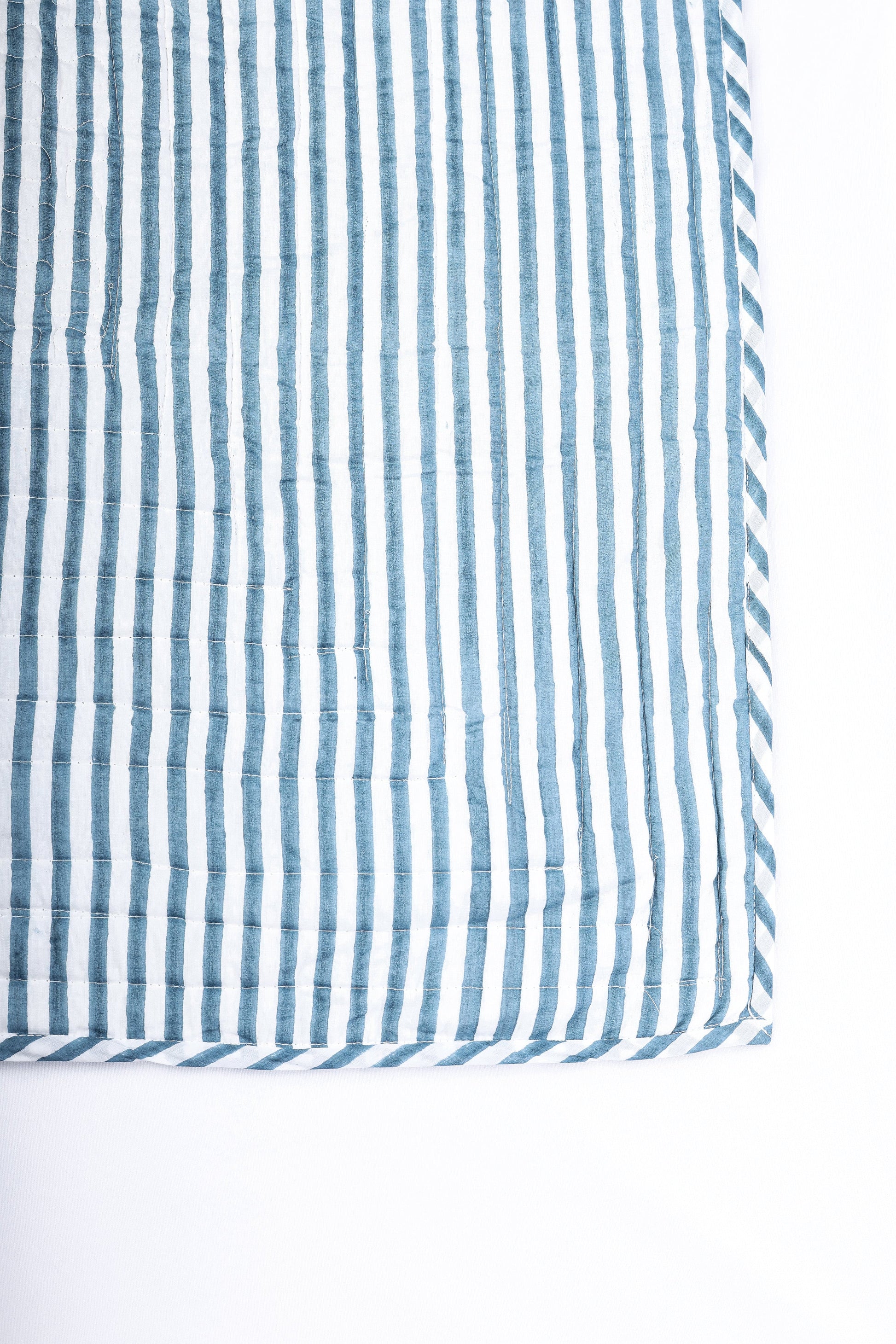 Blue and white striped quilted bed cover. Buy cotton bed cover online.