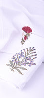 White hand towels with block printed floral designs on a white background. Quick dry hand towels. Towel sets.