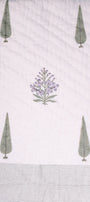 White cotton jaipur razai with floral block printed green leaves and lavender flowers. Winter quilt.