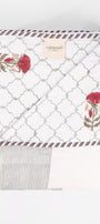 Cotton dohar with floral patterns and striped border on a white background. Summer blanket.