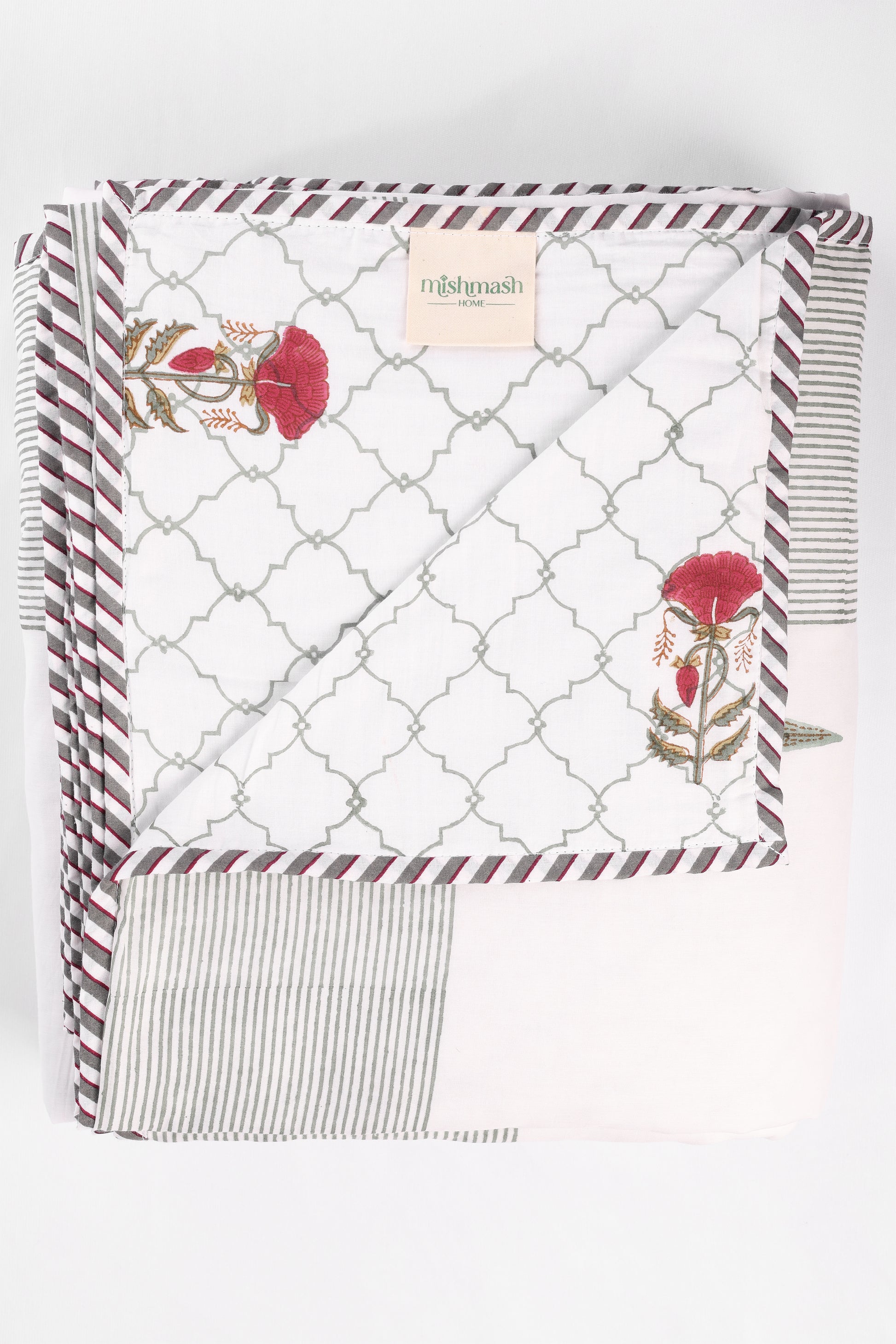 Cotton dohar with floral patterns and striped border on a white background. Summer blanket.