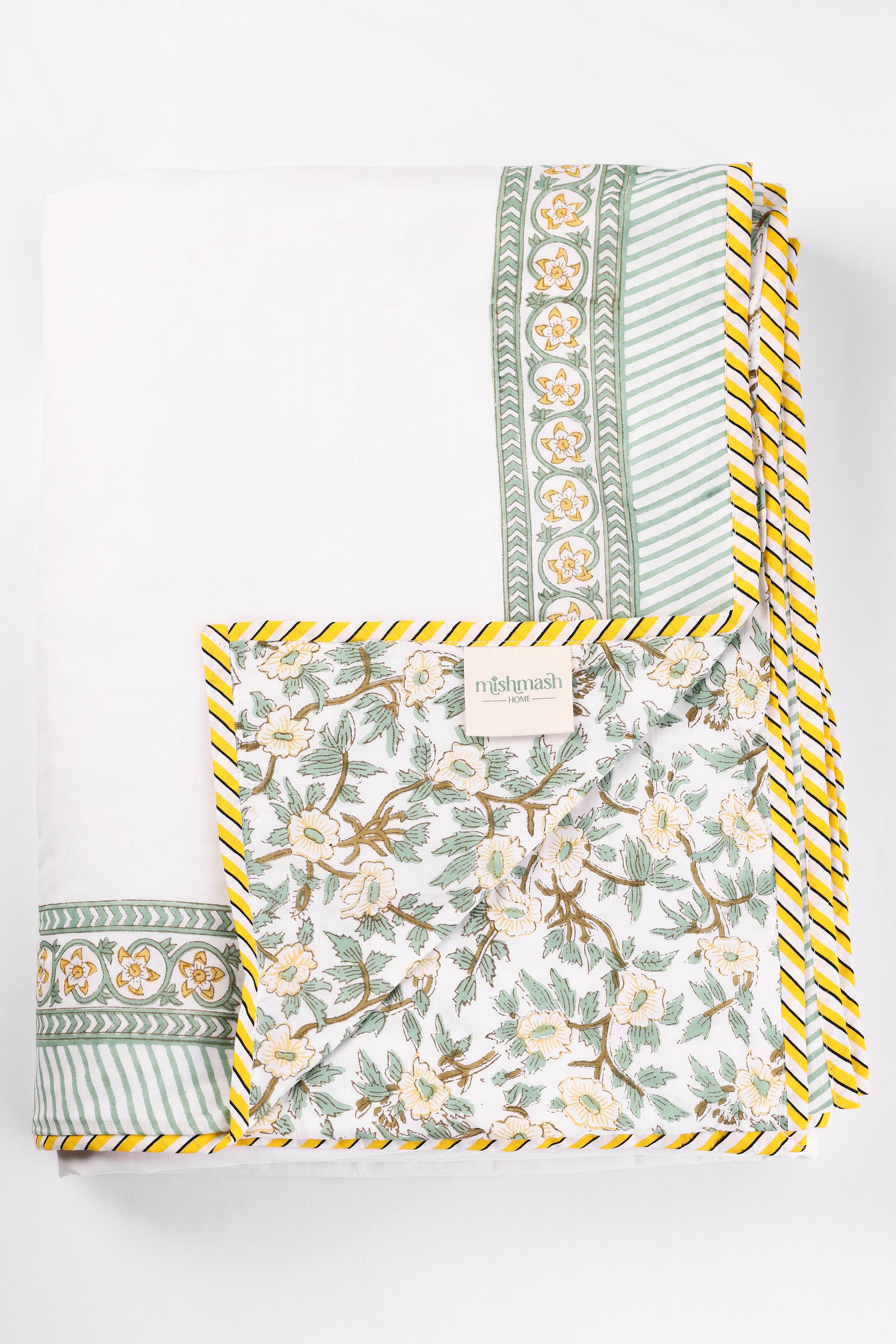 Floral-patterned dohar for summer with green and yellow flowers on a white background.
