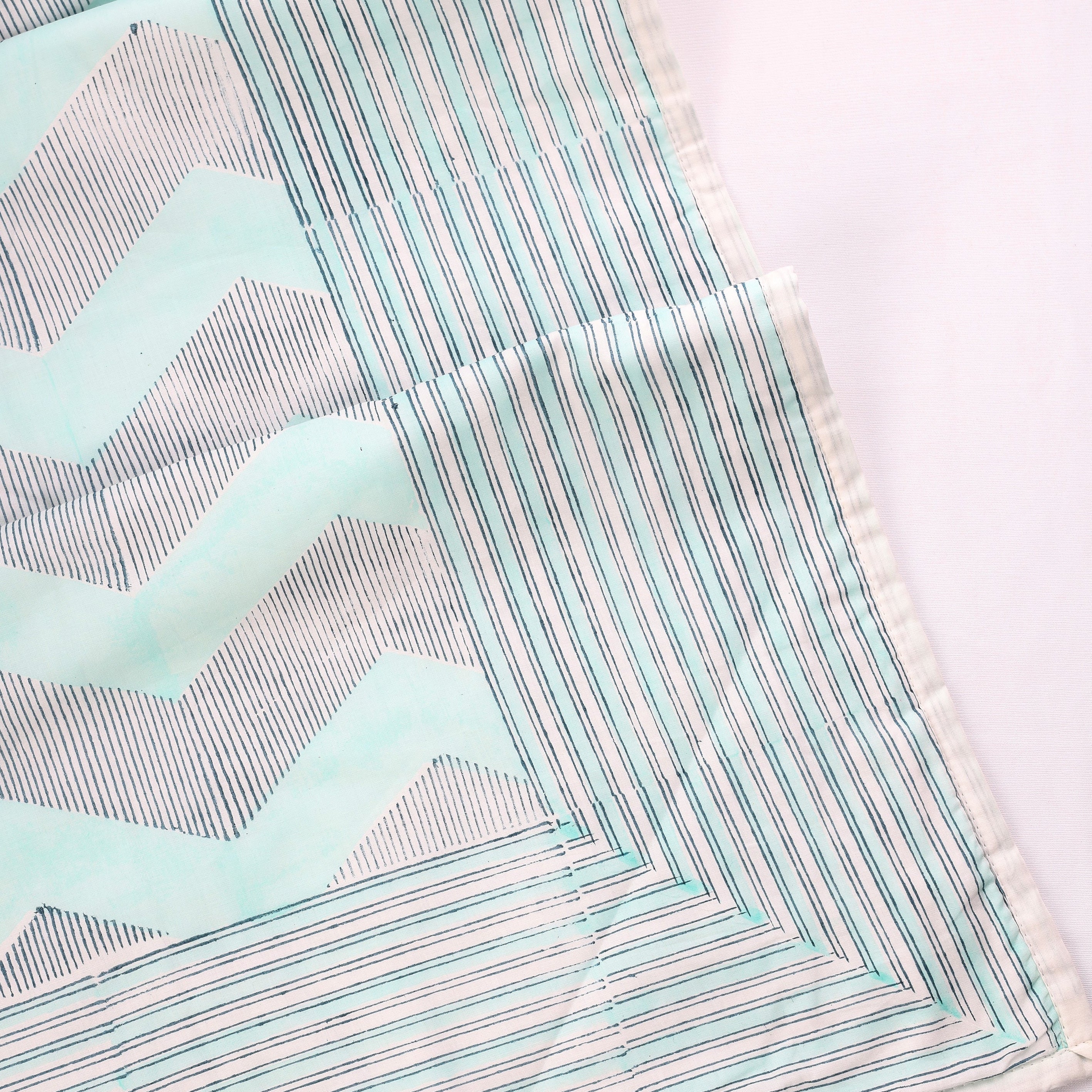 Cotton Dohar Blanket with chevron pattern and striped design of blue and aqua blue colour on a white base