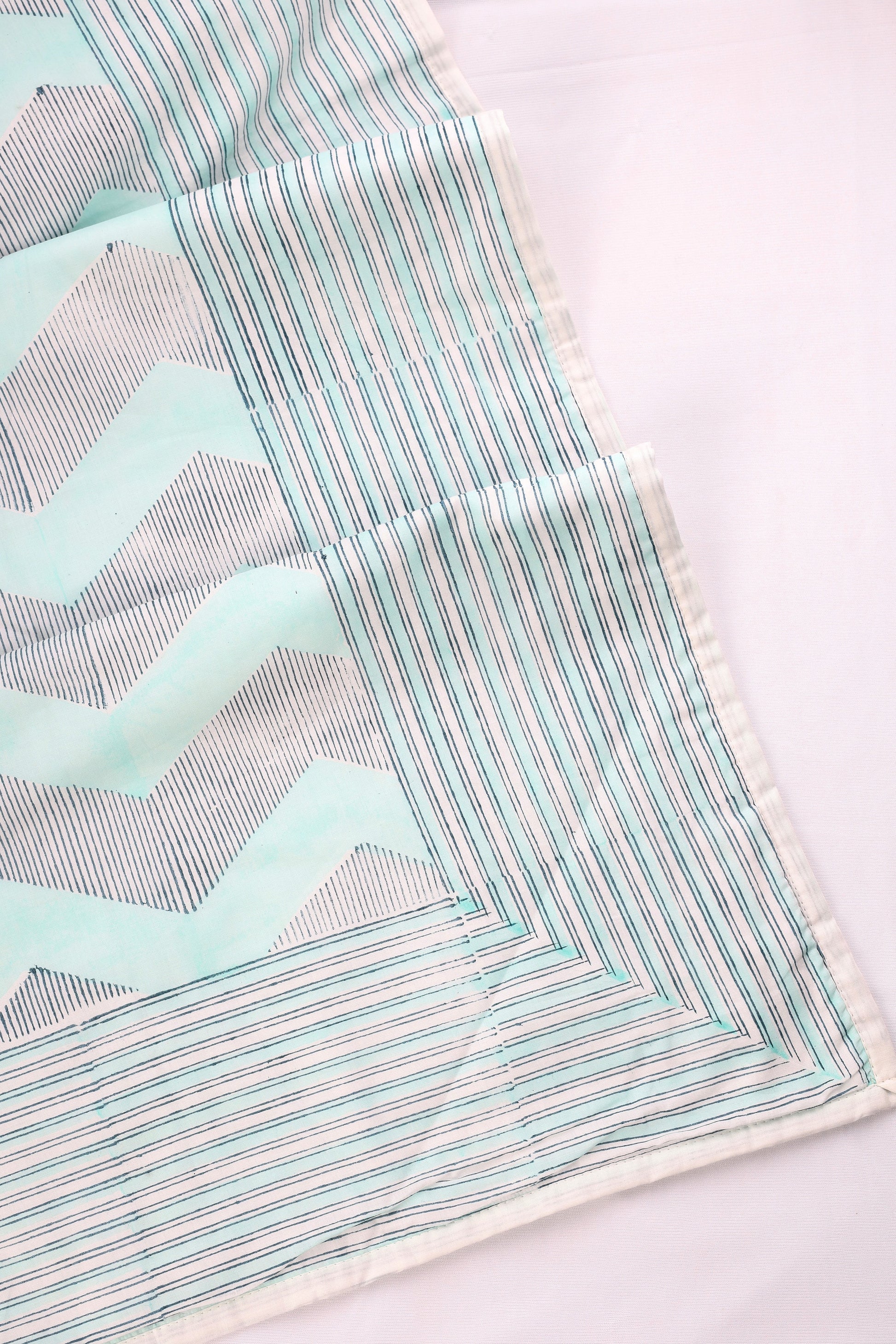 Cotton Dohar Blanket with chevron pattern and striped design of blue and aqua blue colour on a white base