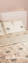 Bed with pure cotton double bed sheet with palm tree and flower motifs