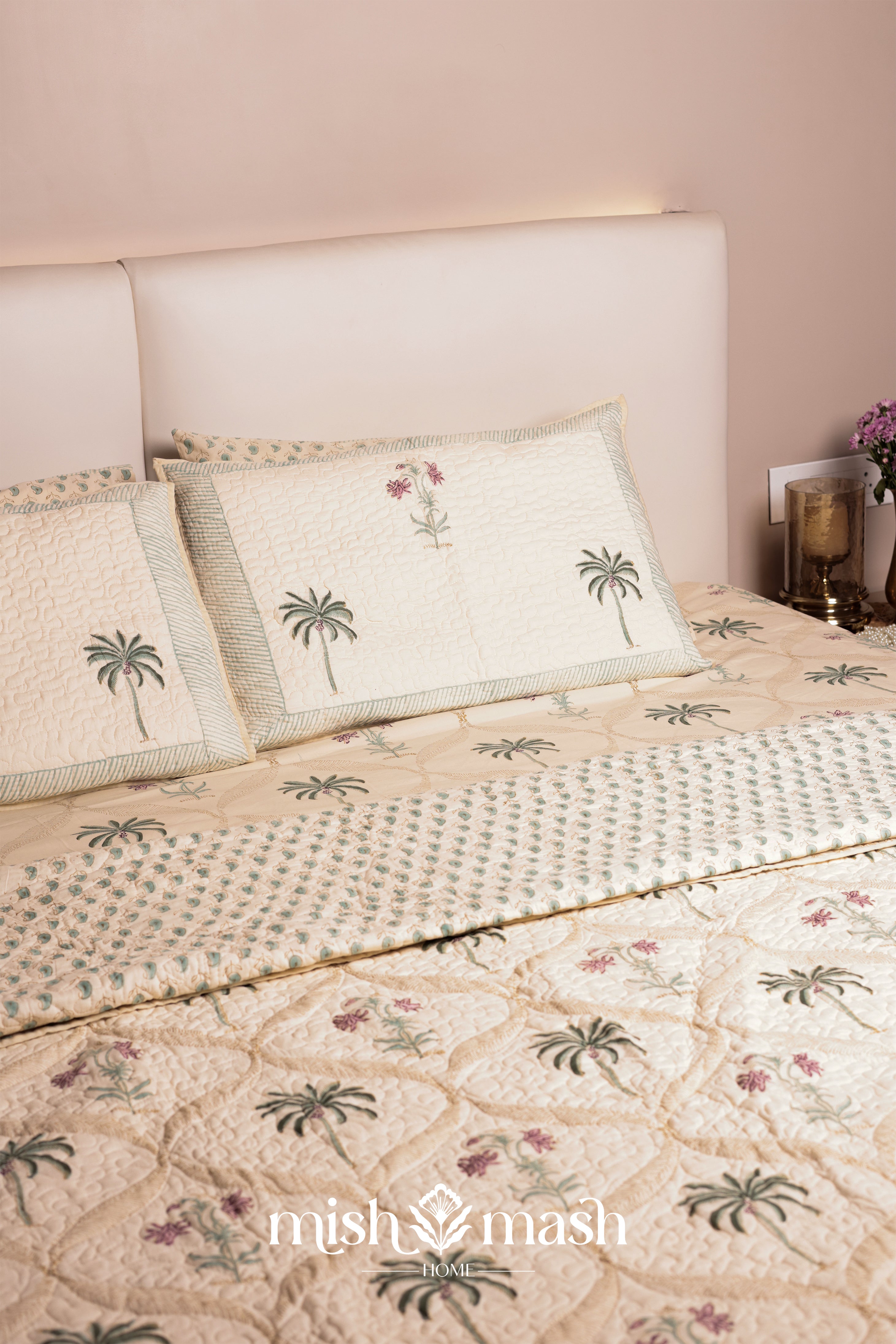 Bed with pure cotton double bed sheet with palm tree and flower motifs