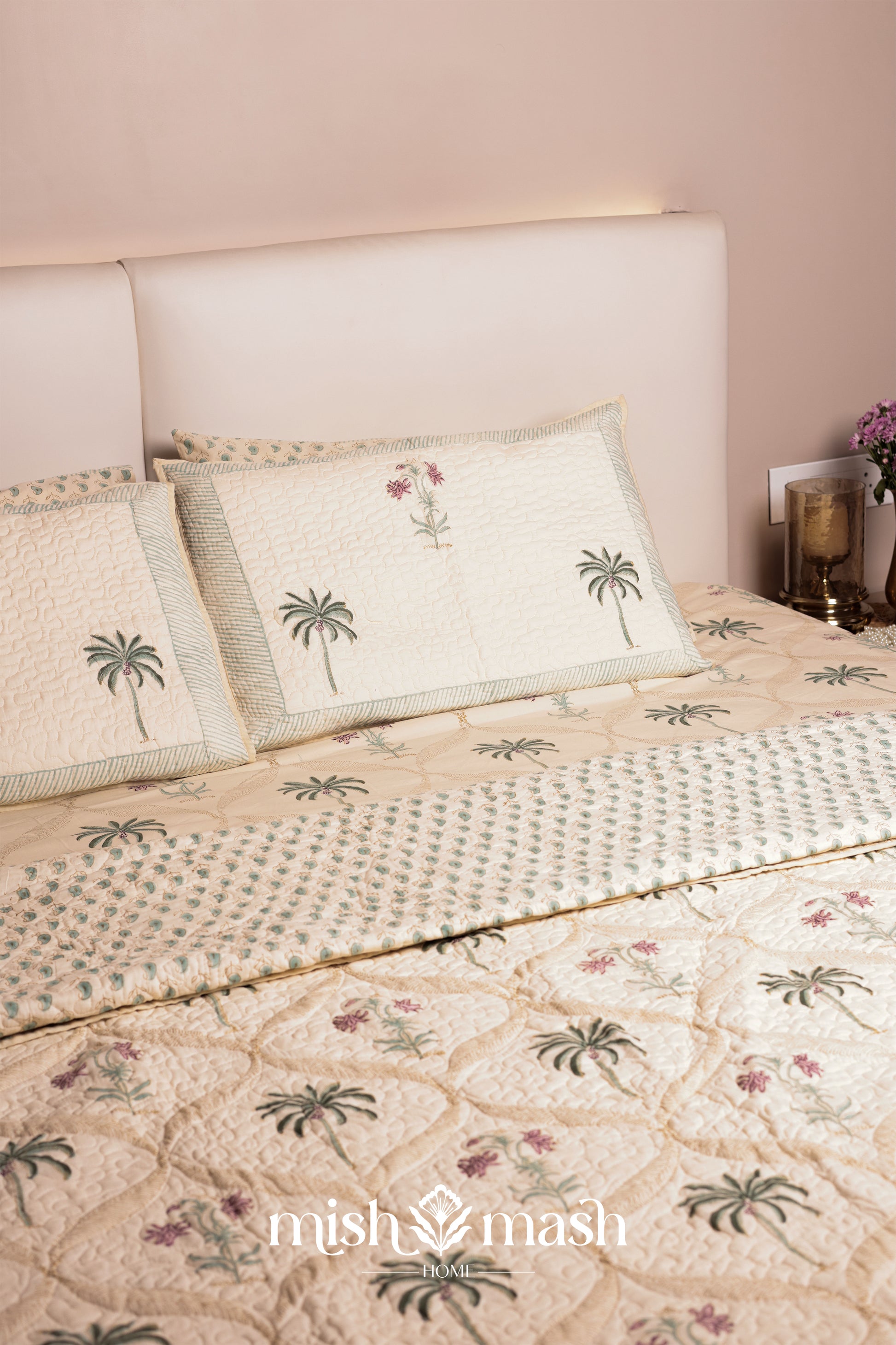 Bed with pure cotton double bed sheet with palm tree and flower motifs