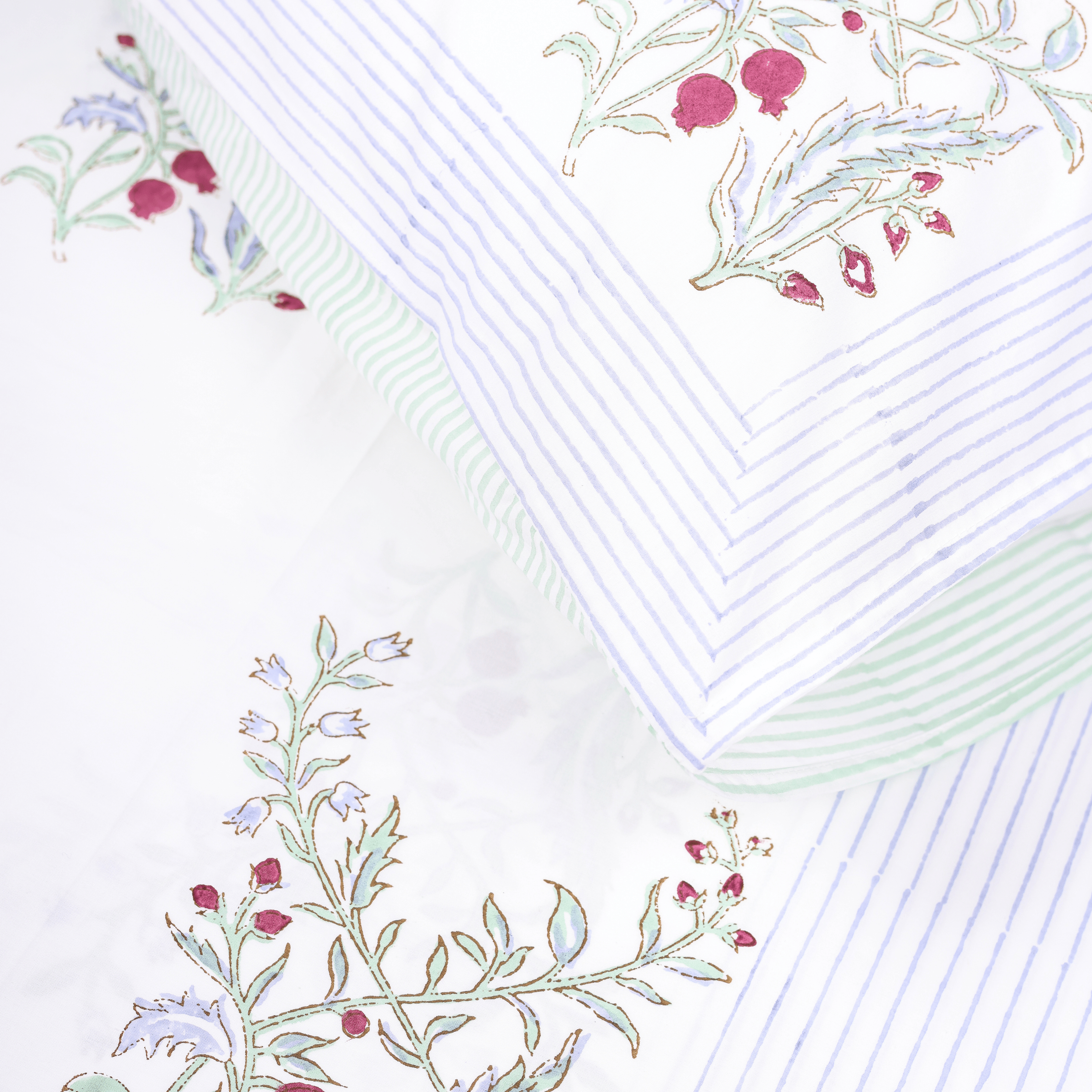 Anar-Kali pure cotton bedsheet with hand block printed anar motifs and reversible green striped pillow covers