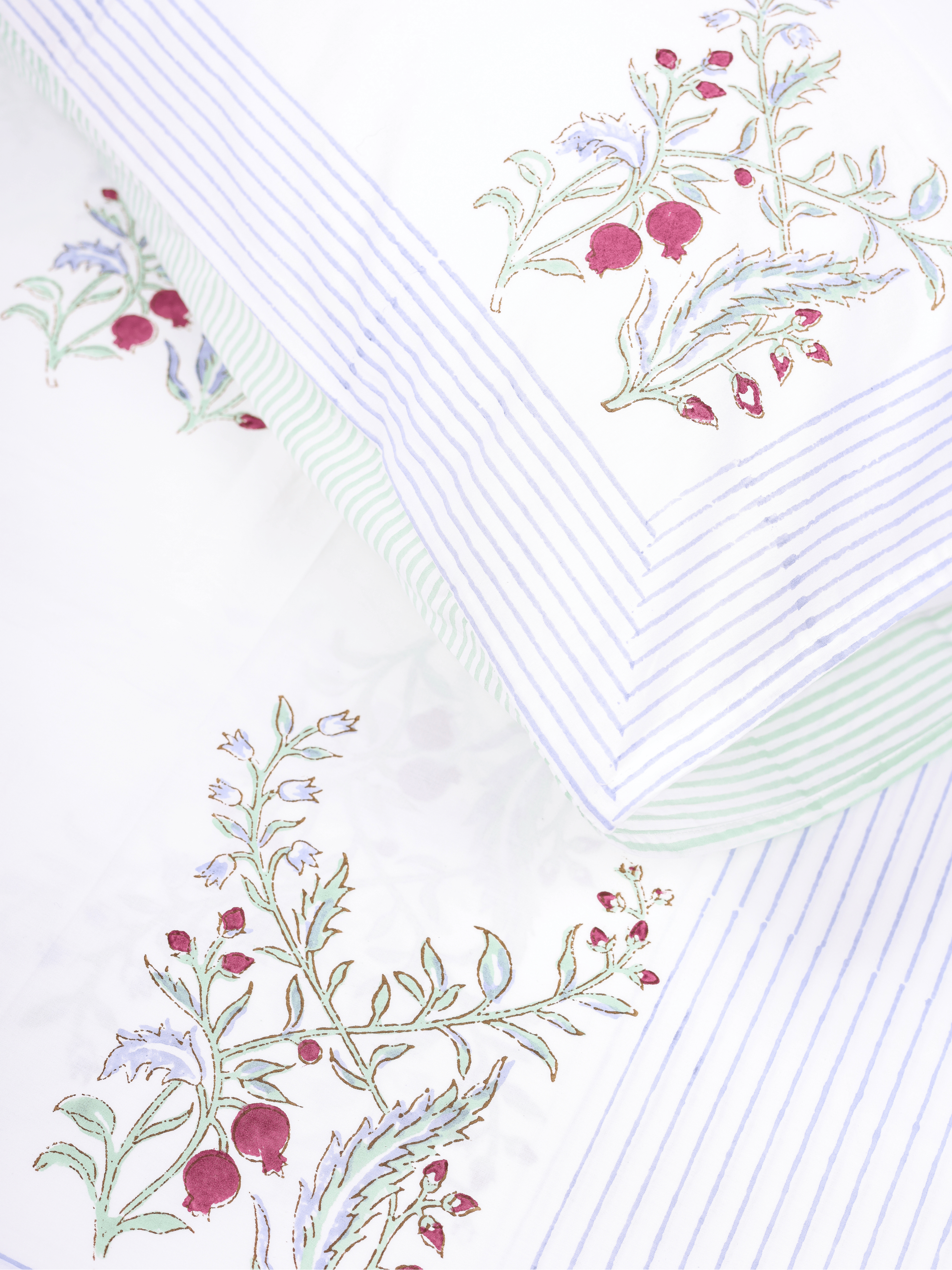 Anar-Kali pure cotton bedsheet with hand block printed anar motifs and reversible green striped pillow covers