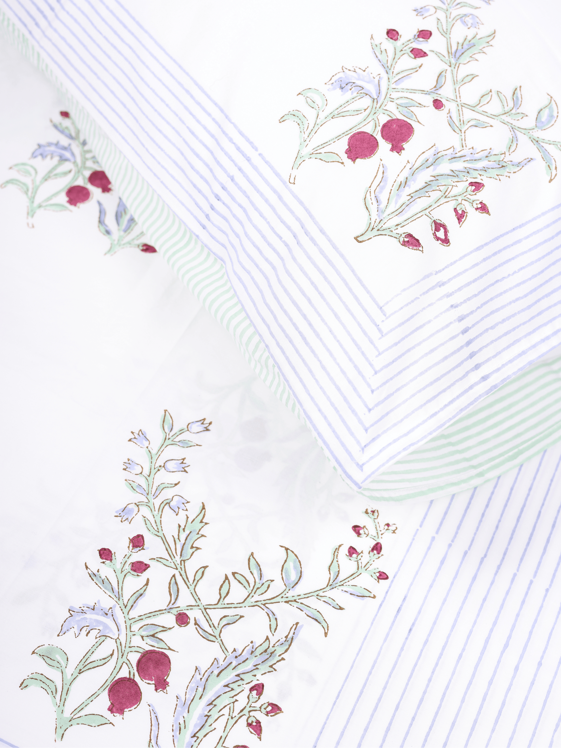 Anar-Kali pure cotton bedsheet with hand block printed anar motifs and reversible green striped pillow covers