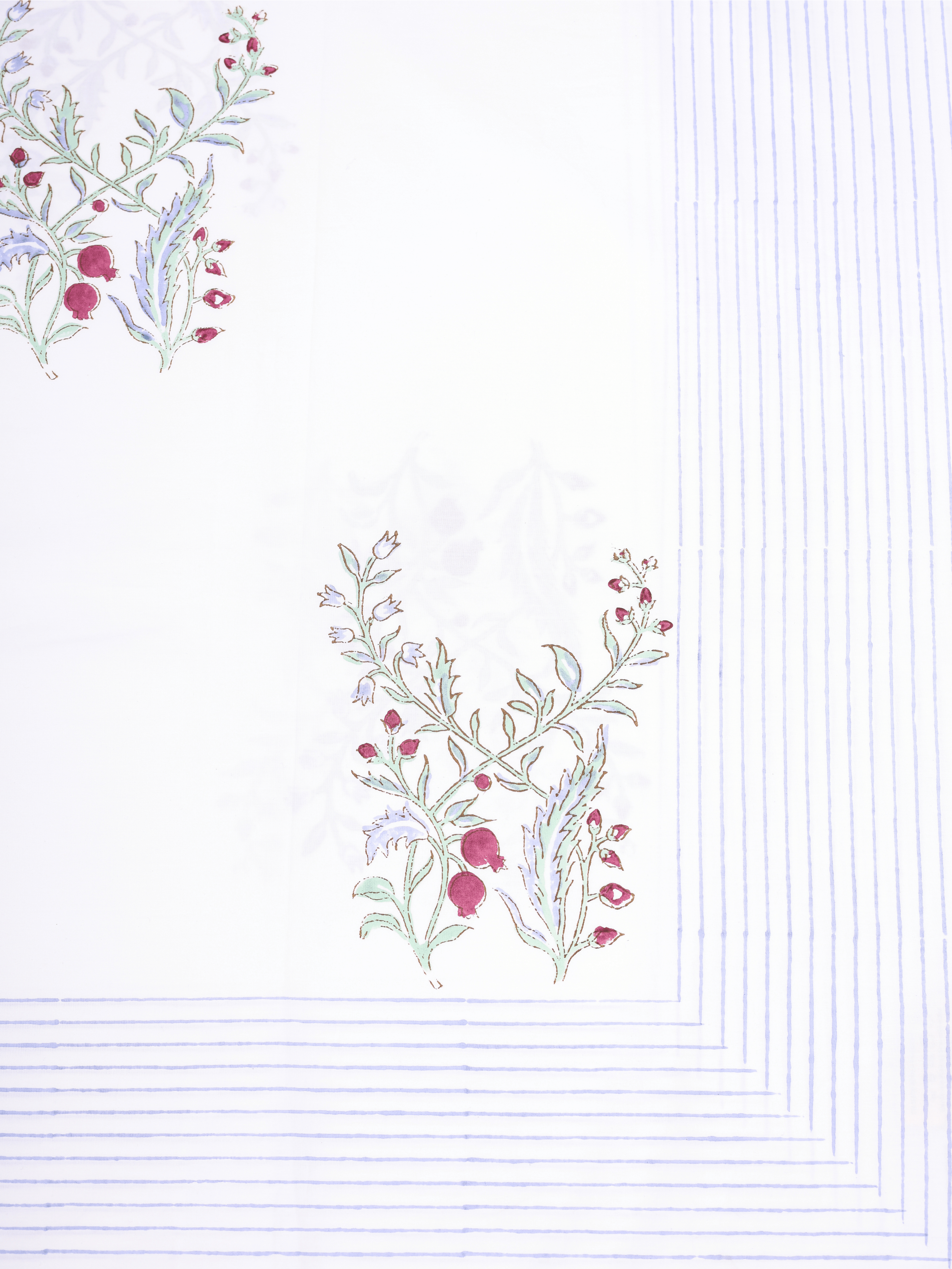 Anar-Kali pure cotton white bedsheet with hand block printed anar motifs and blue striped borders
