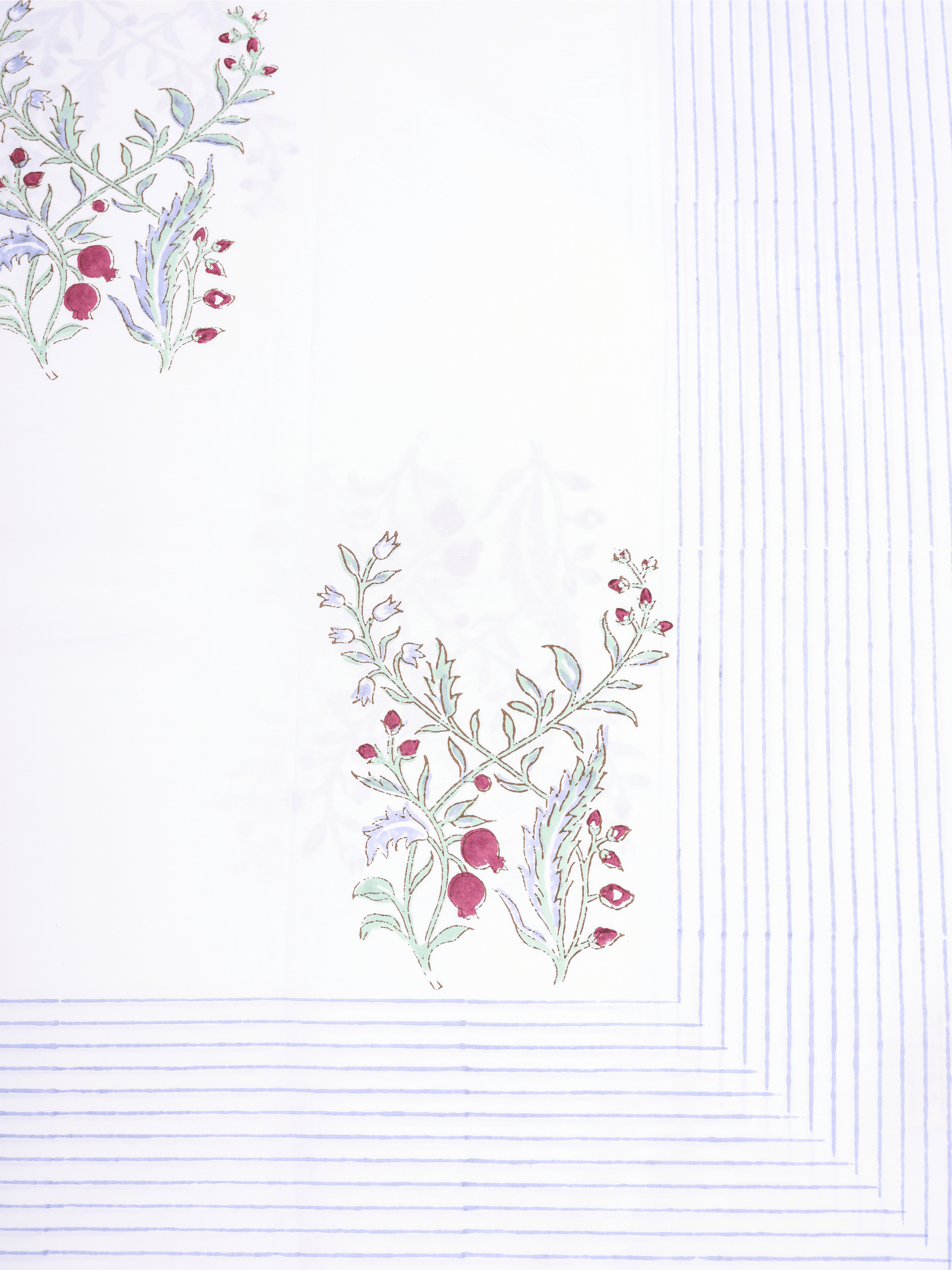 Anar-Kali pure cotton white bedsheet with hand block printed anar motifs and blue striped borders