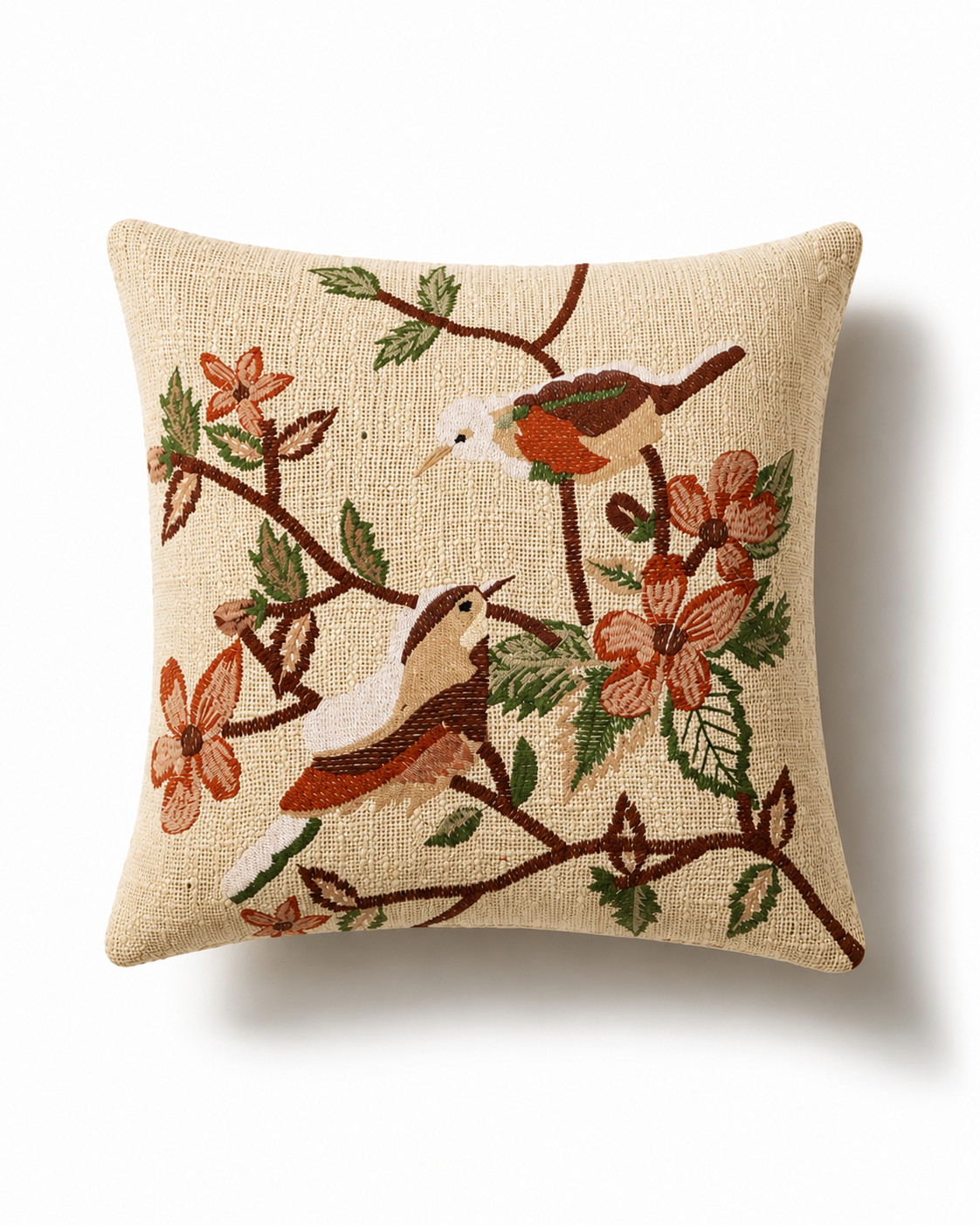 TNT fabric cushion cover with embroidered birds and branche