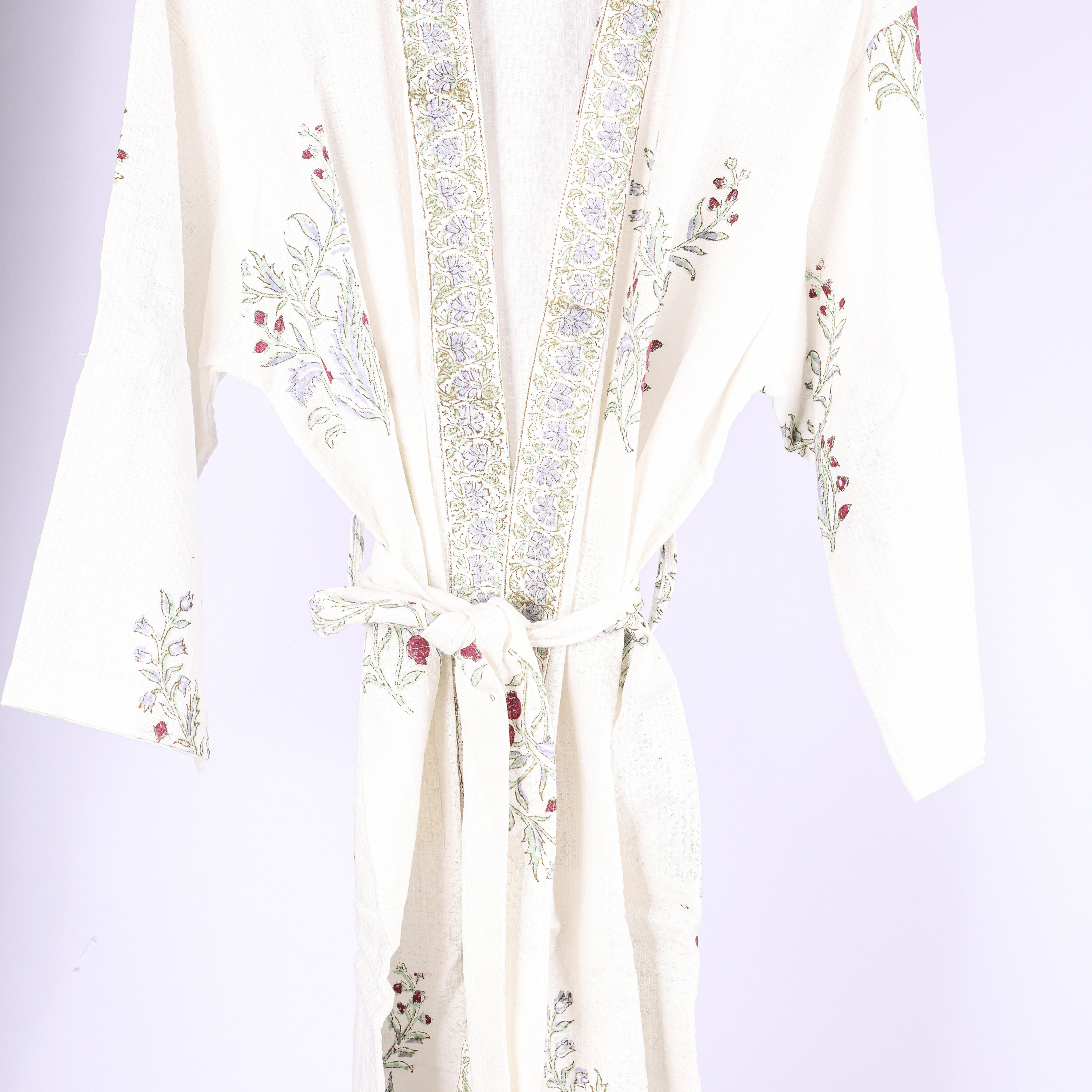 Free size waffle cotton bathrobe with hand block print