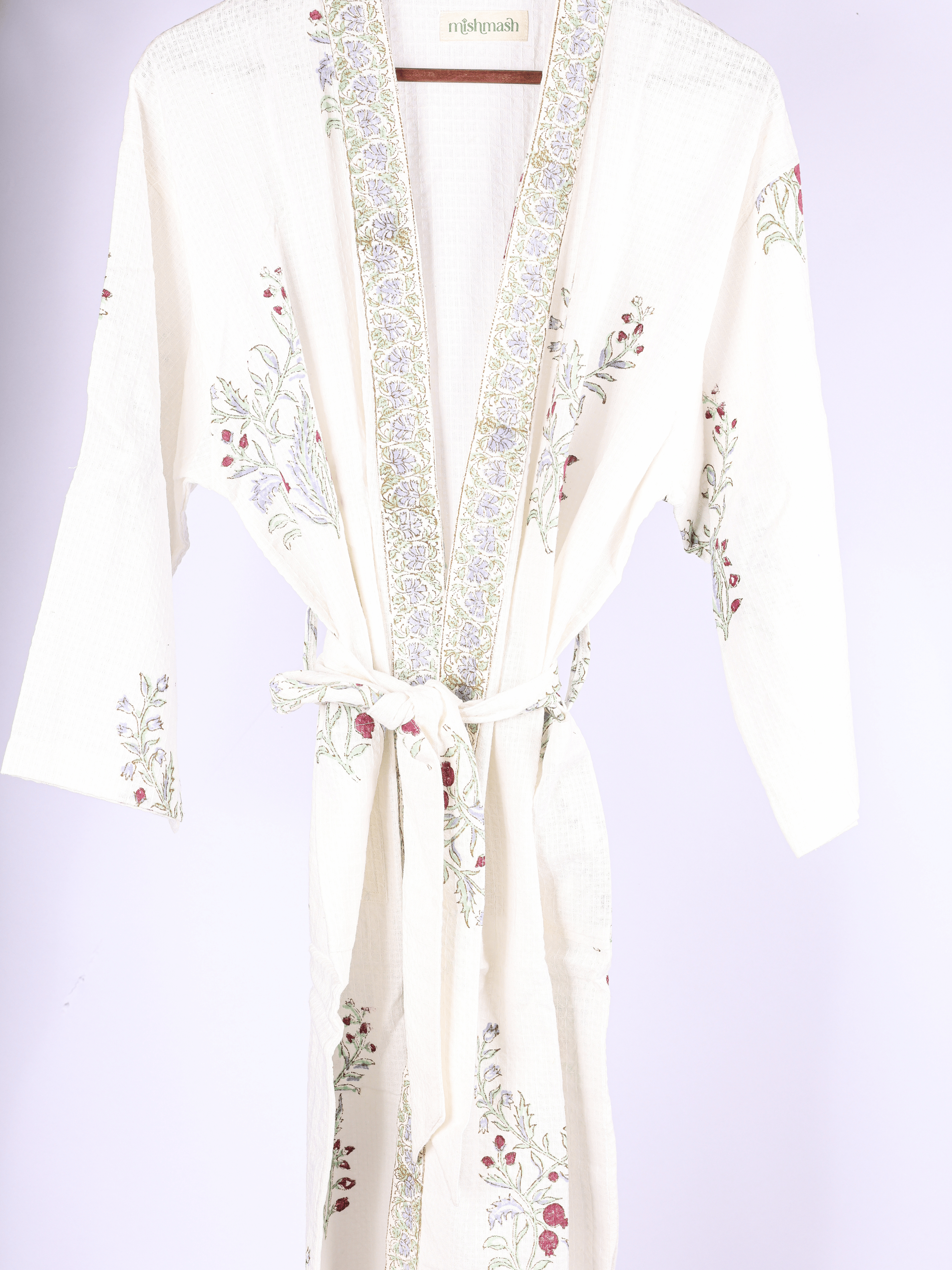 Free size waffle cotton bathrobe with hand block print