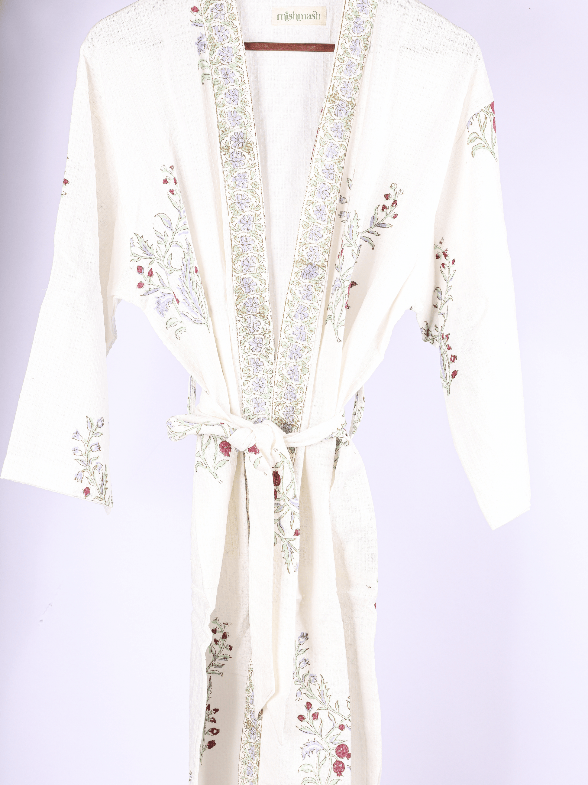 Free size waffle cotton bathrobe with hand block print