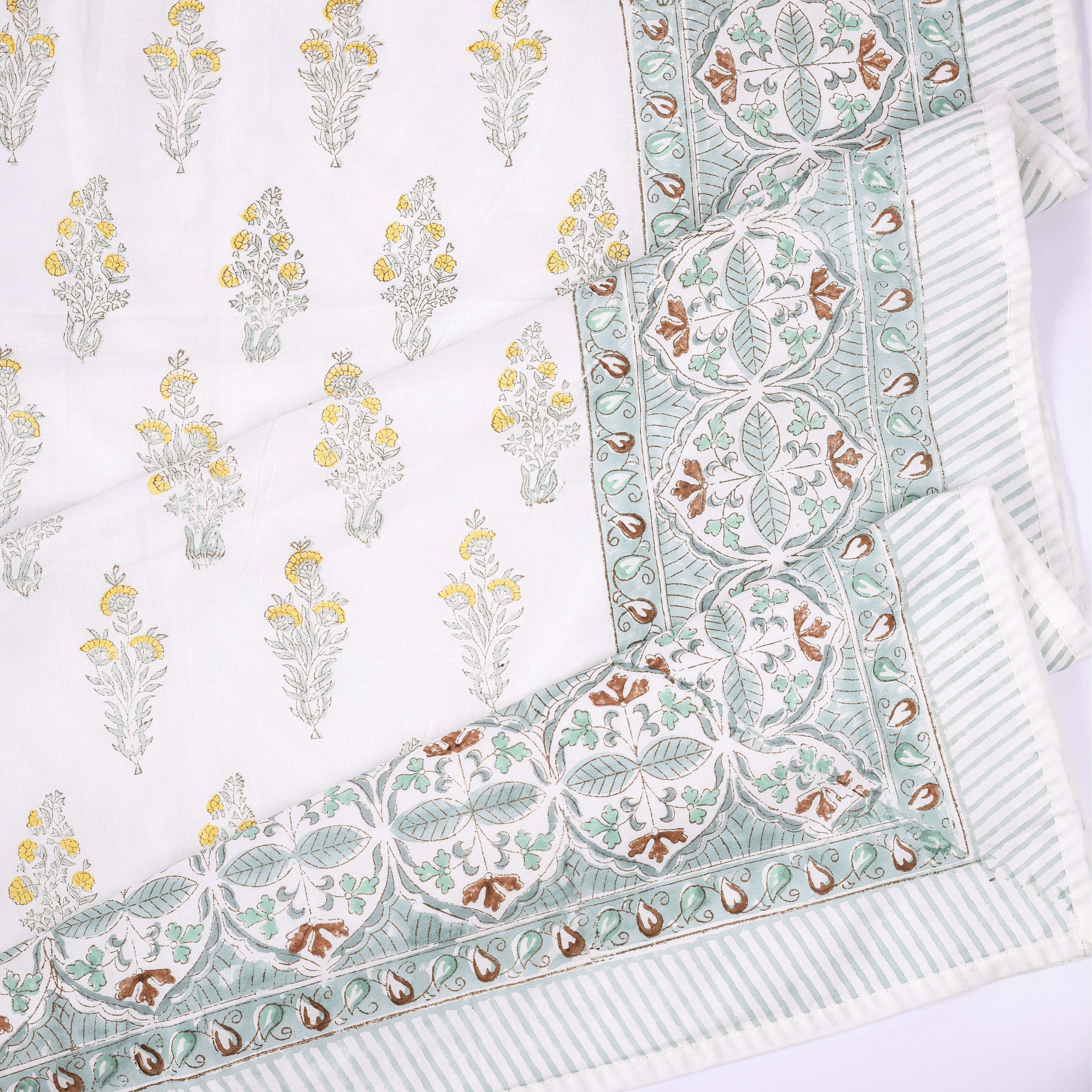 Hand block printed cotton dohar in yellow green and white