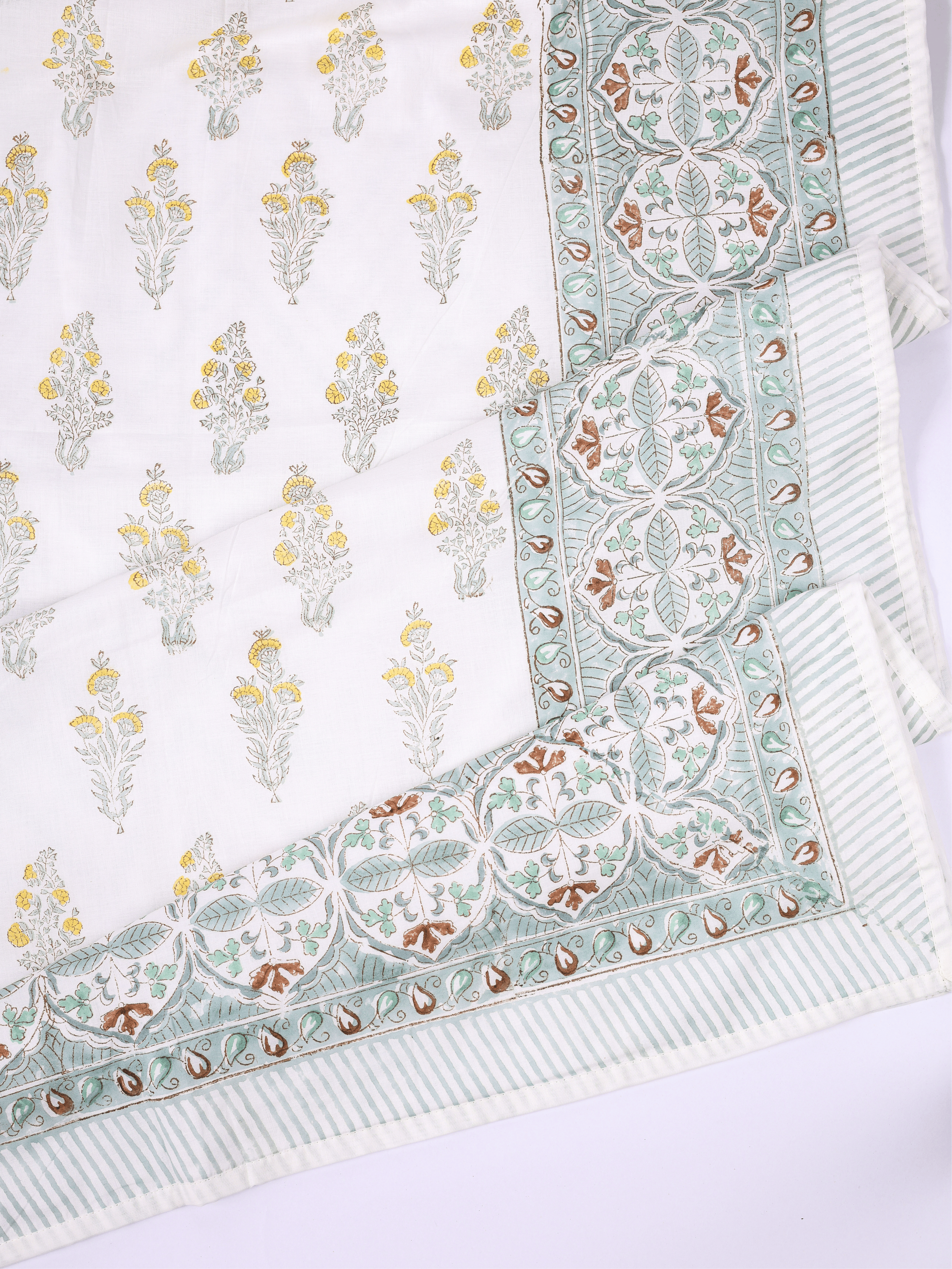 Hand block printed cotton dohar in yellow green and white