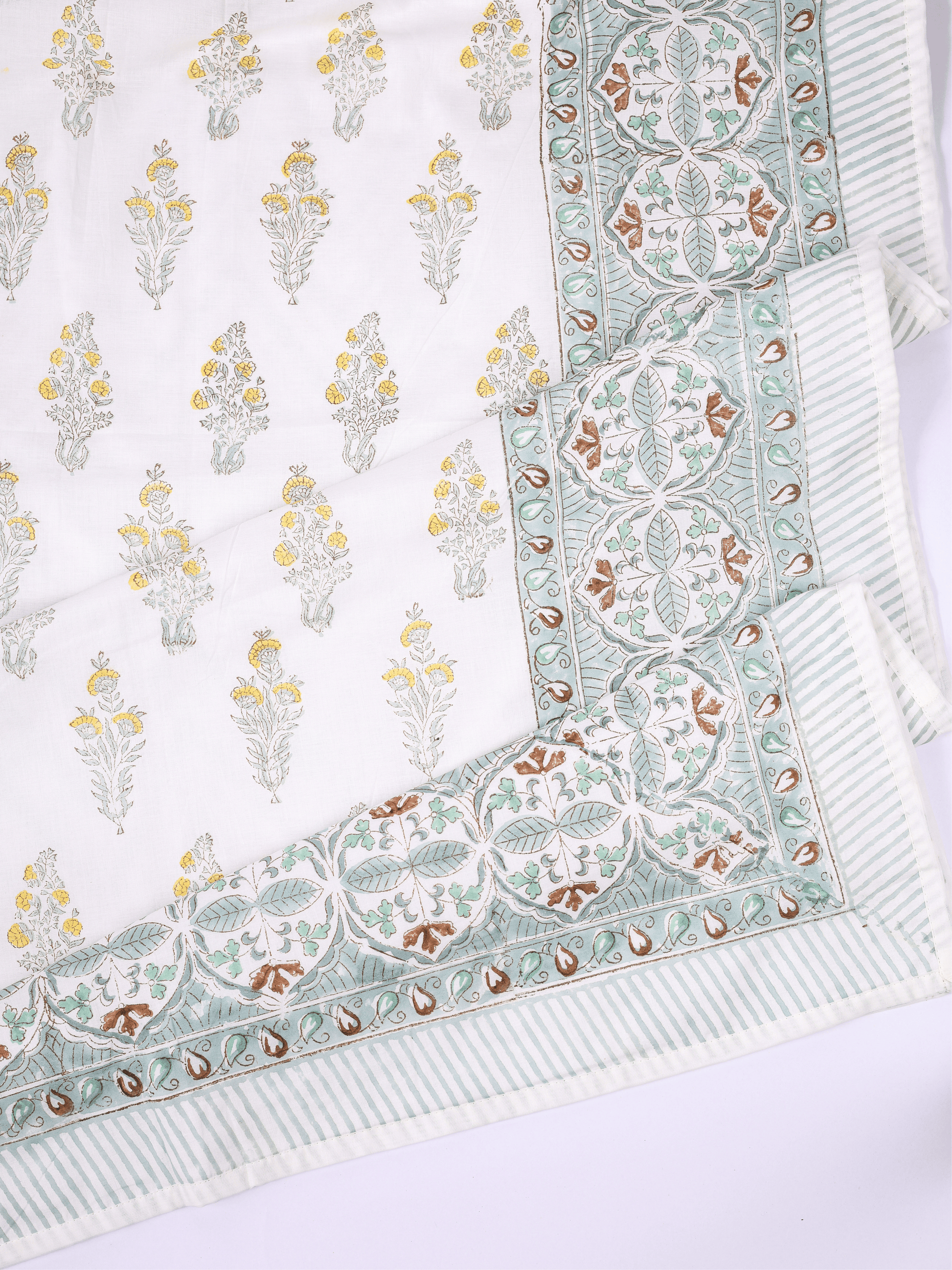 Hand block printed cotton dohar in yellow green and white