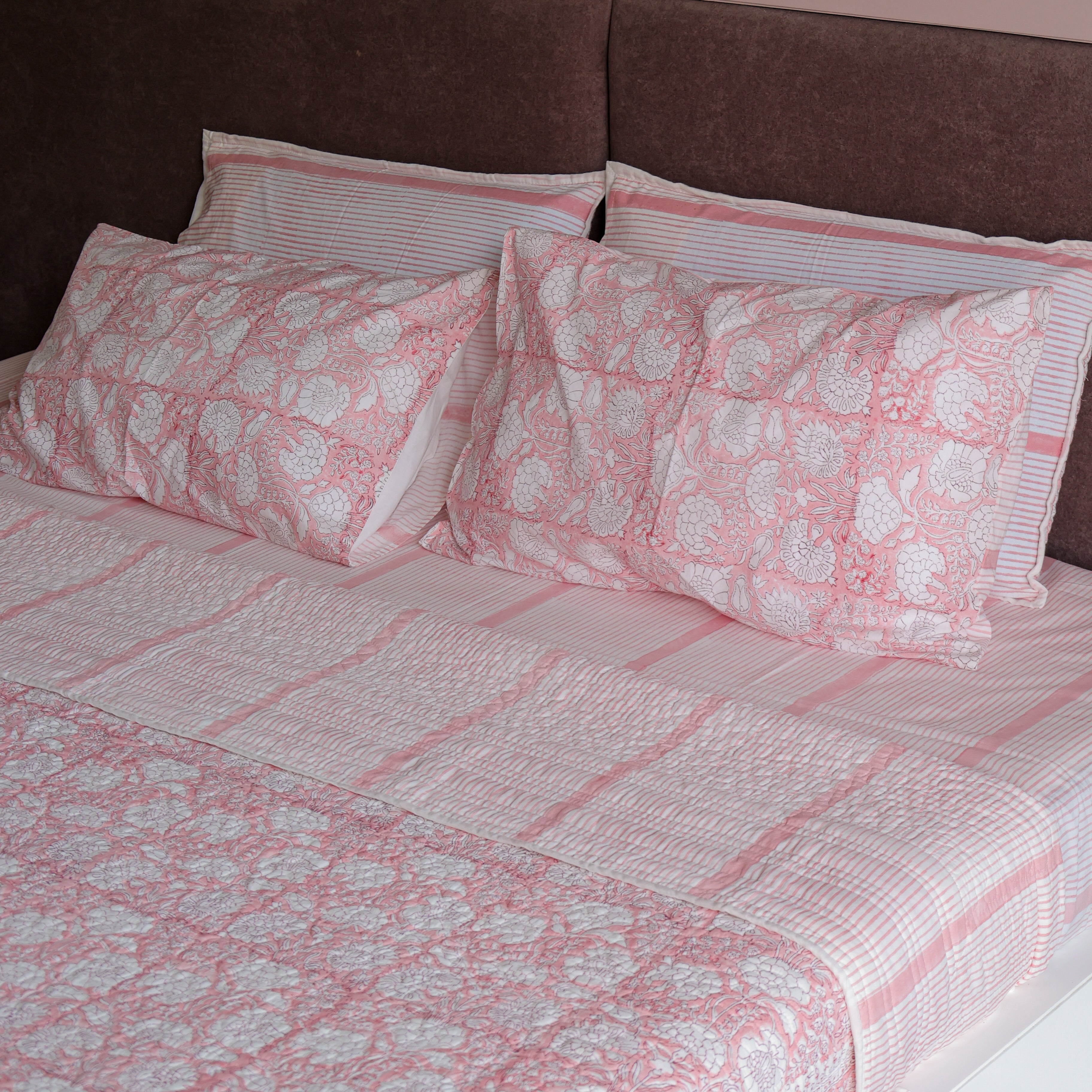 Peach Please double bed bedsheet with peach pink stripes on white