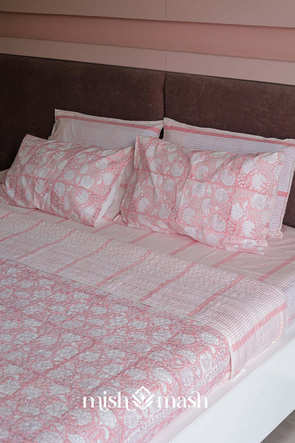 Peach Please double bed bedsheet with peach pink stripes on white