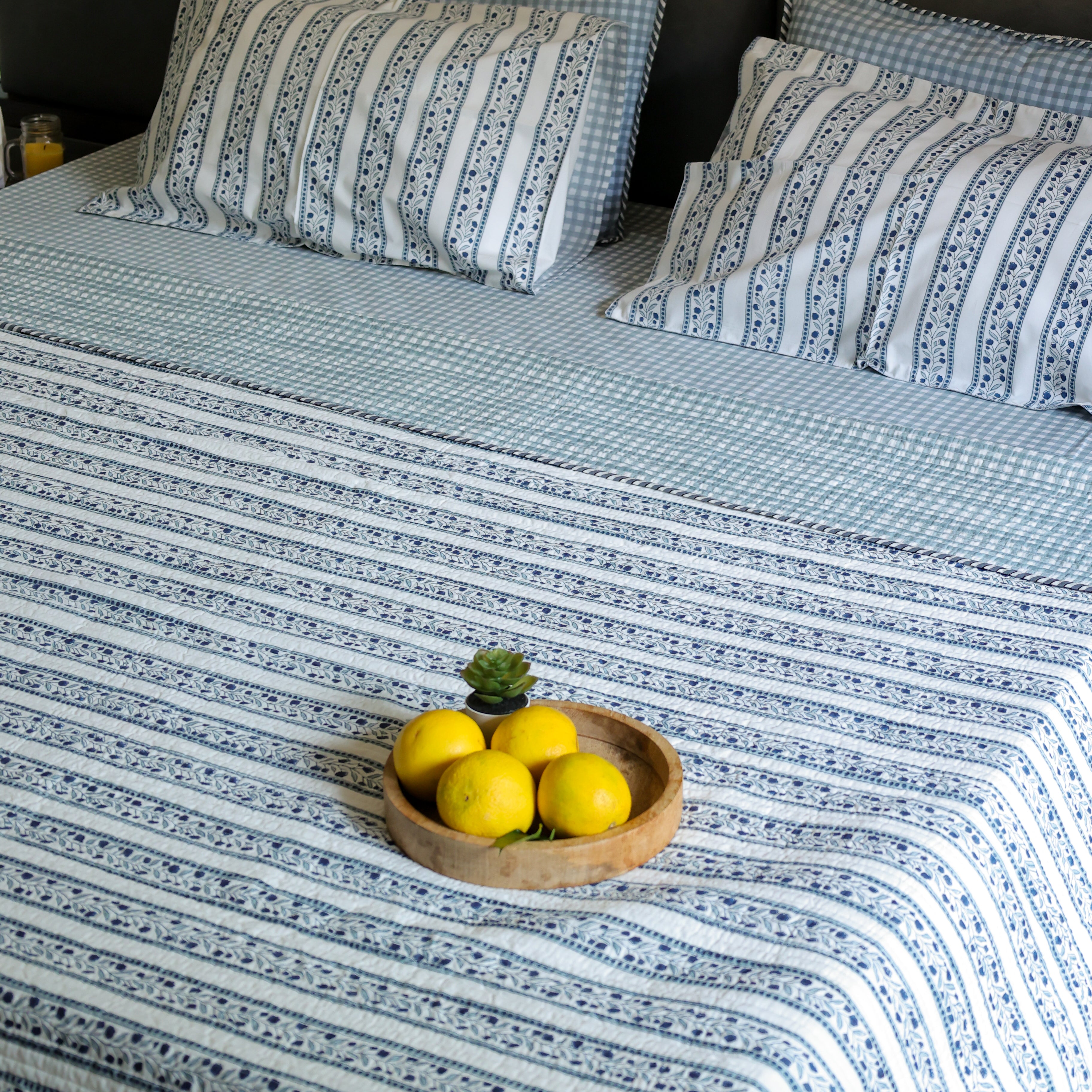 blue double bed cover