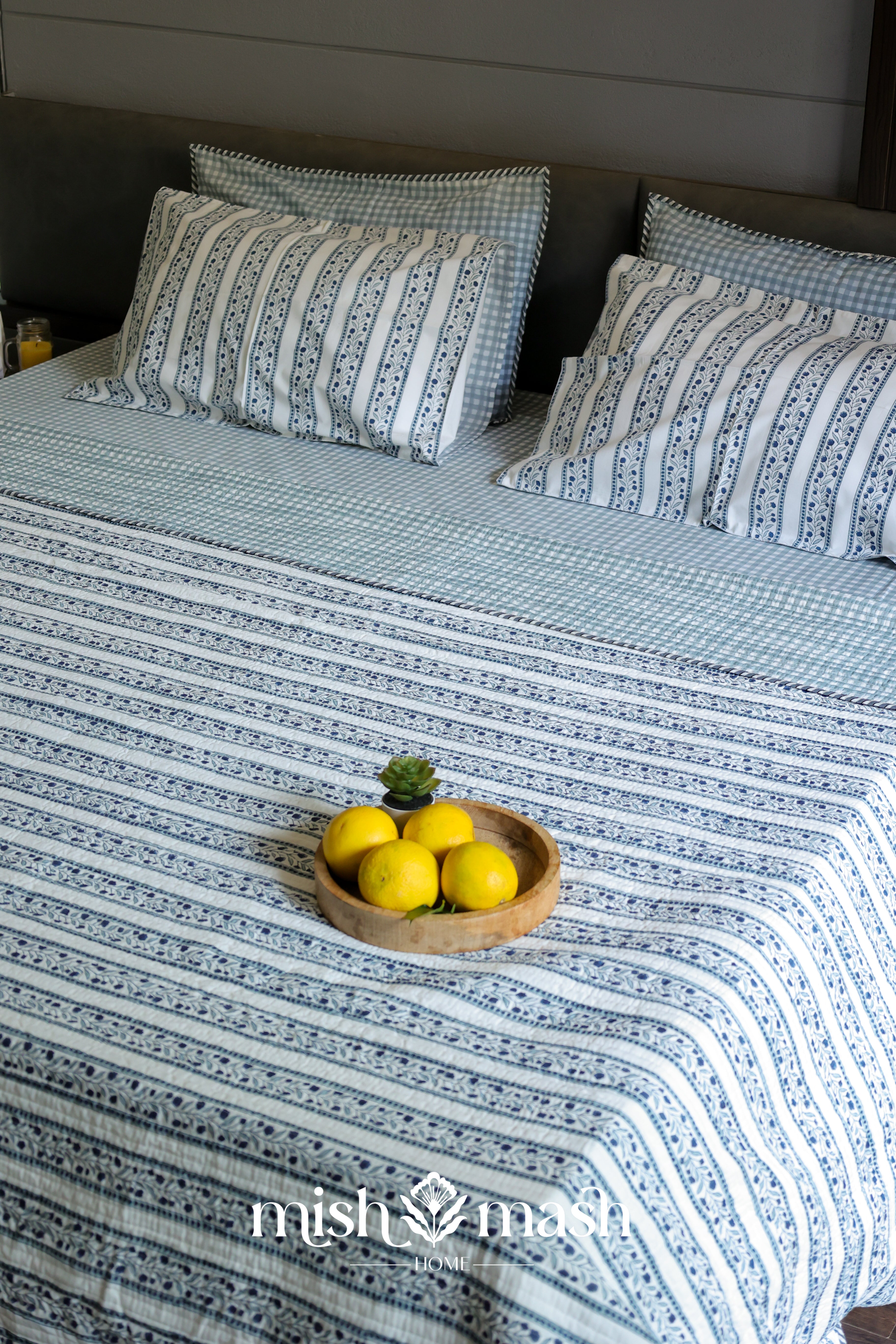 blue double bed cover