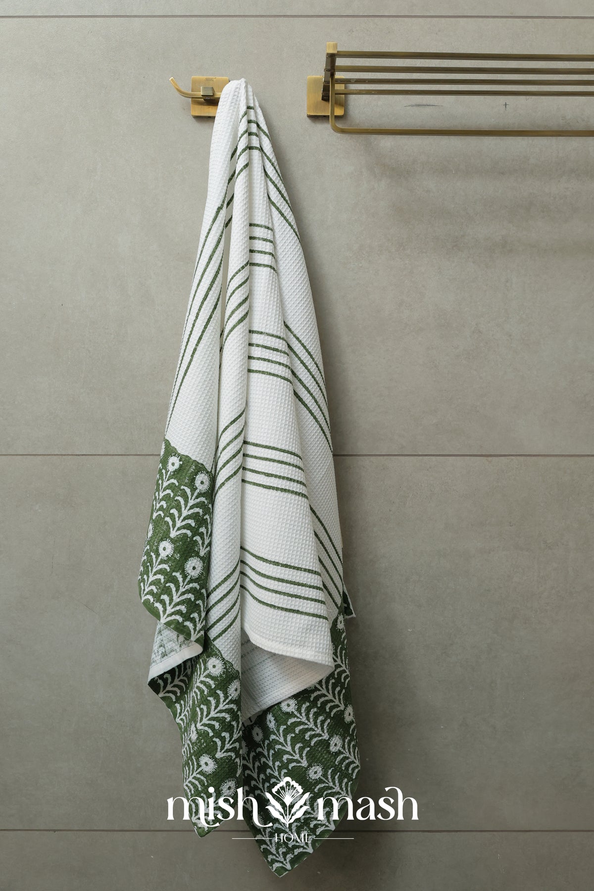 Hand block printed olive green quick dry bath towel
