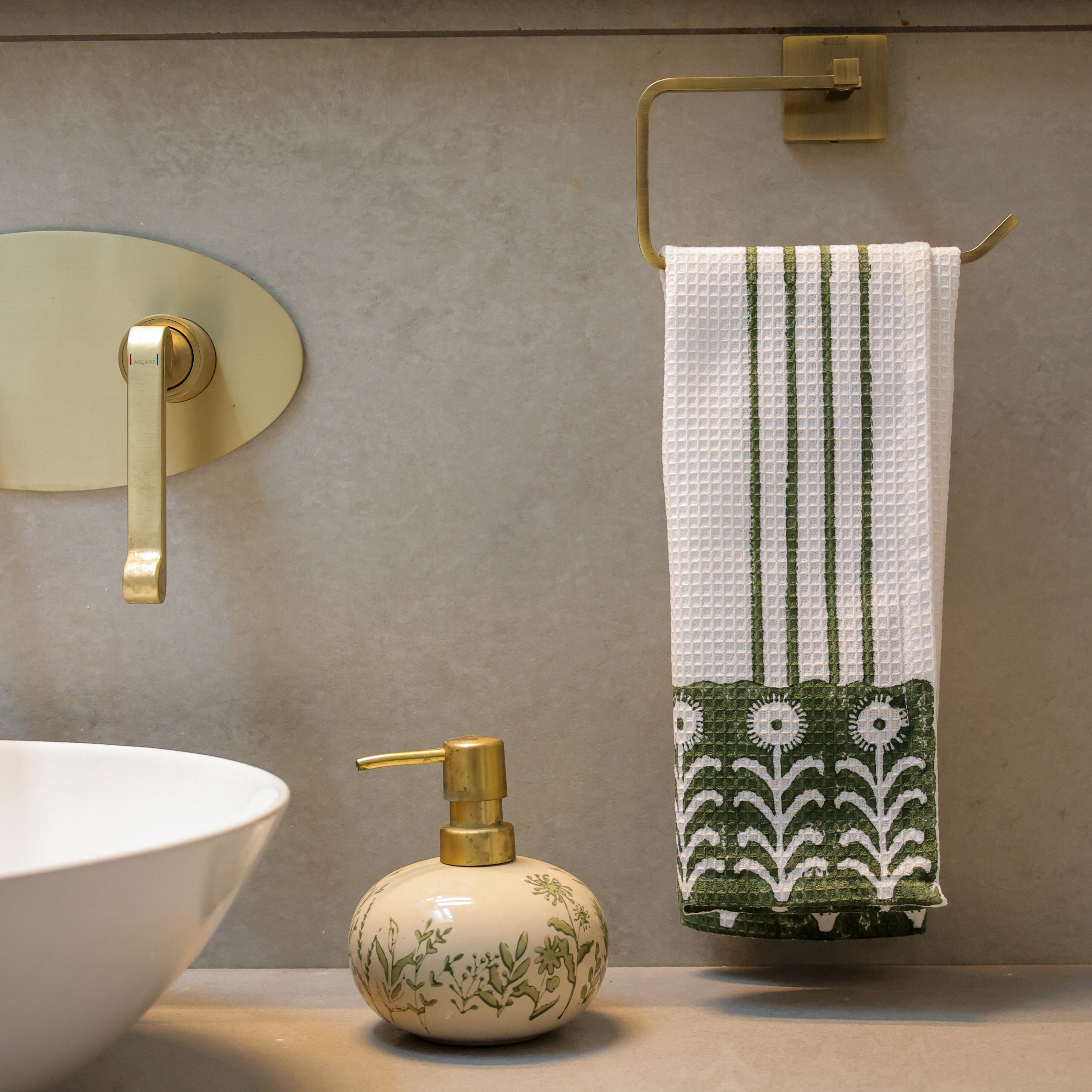 Olive You cotton hand towel with hand block printed olive green flowers