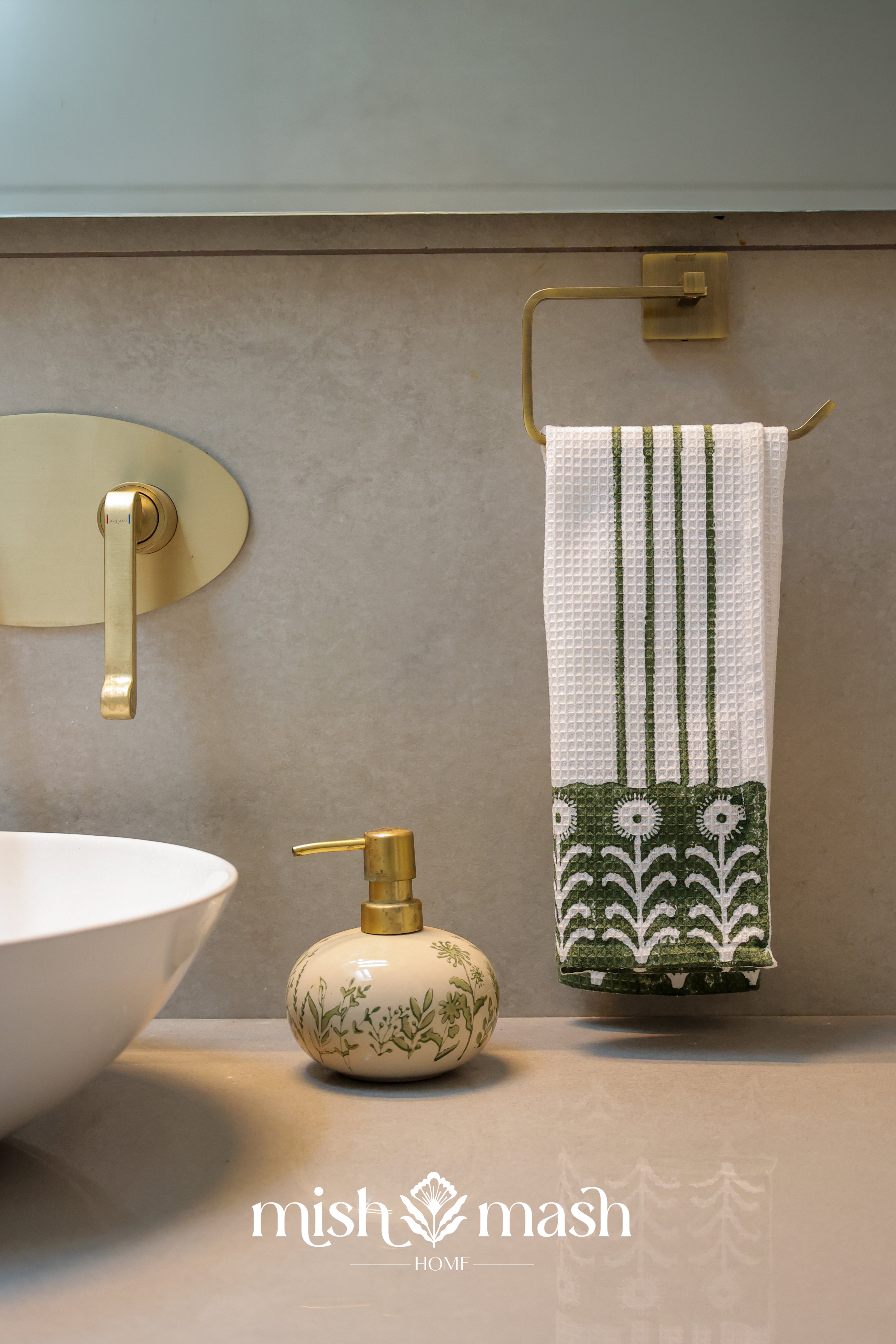 Olive You cotton hand towel with hand block printed olive green flowers
