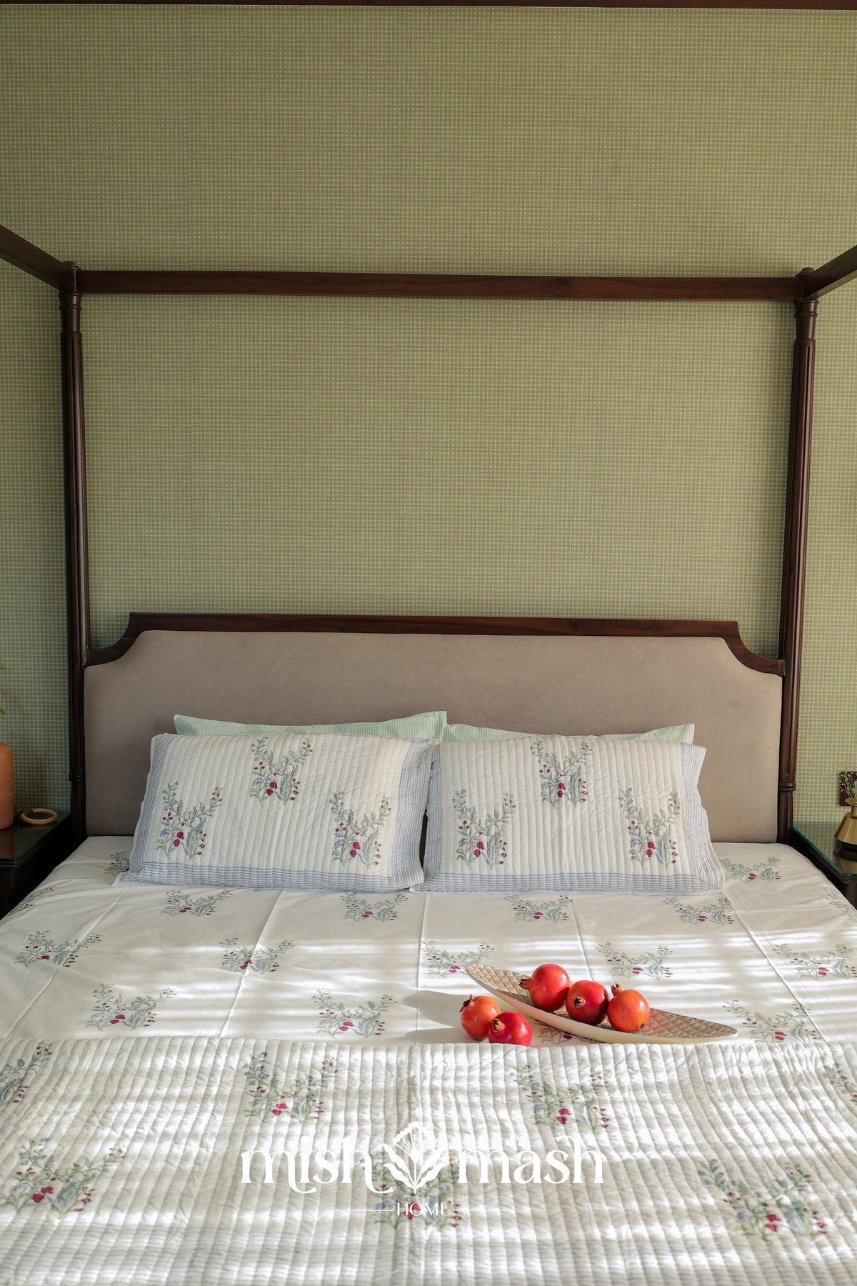 Reversible cotton double bed cover with hand block printed floral motifs