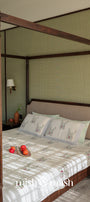 Anar-Kali reversible double bed cover with green stripes and hand block print