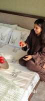 Green striped reversible double bed cover made from soft cotton