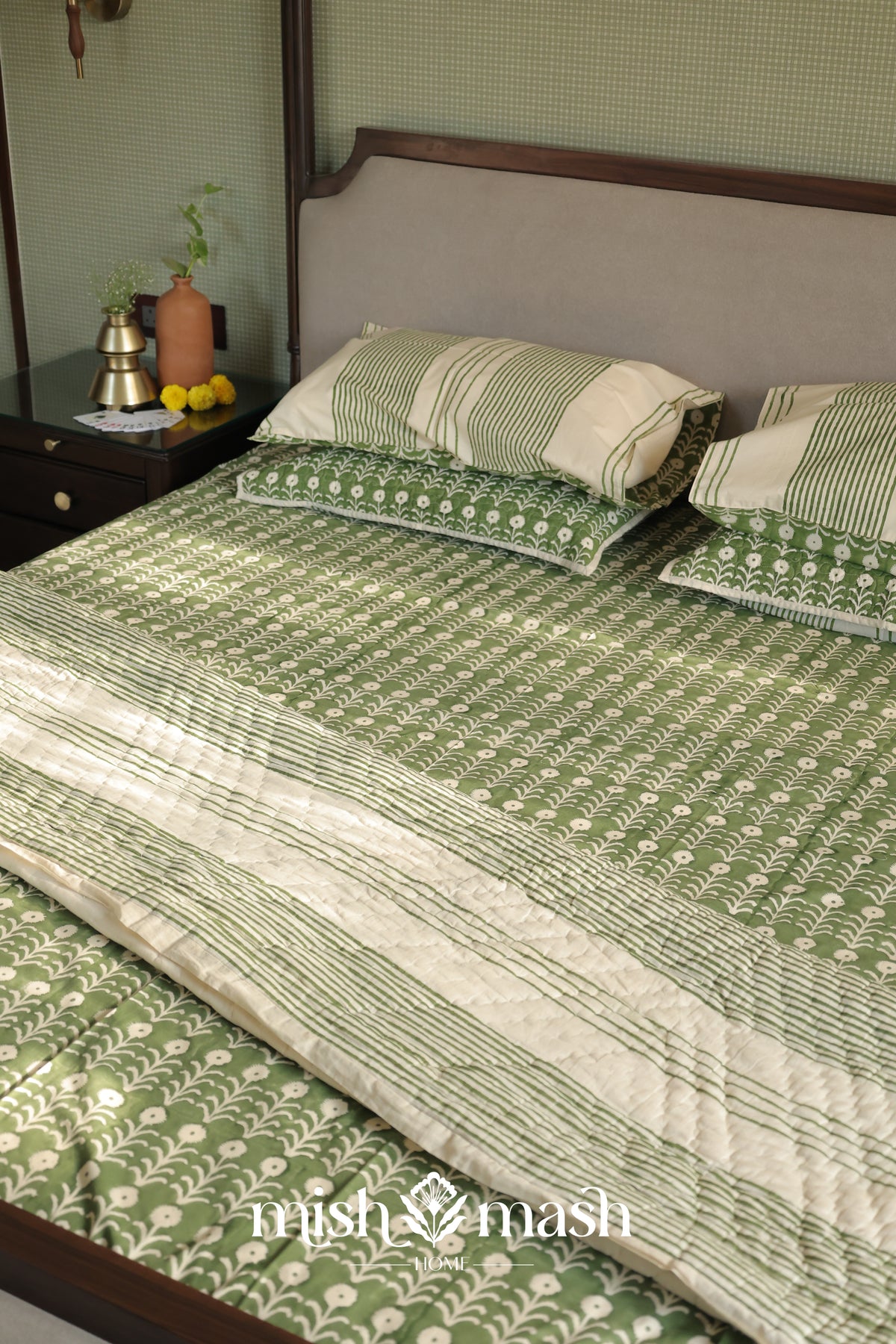 Olive green and beige floral cotton bedsheet by Mishmash Home