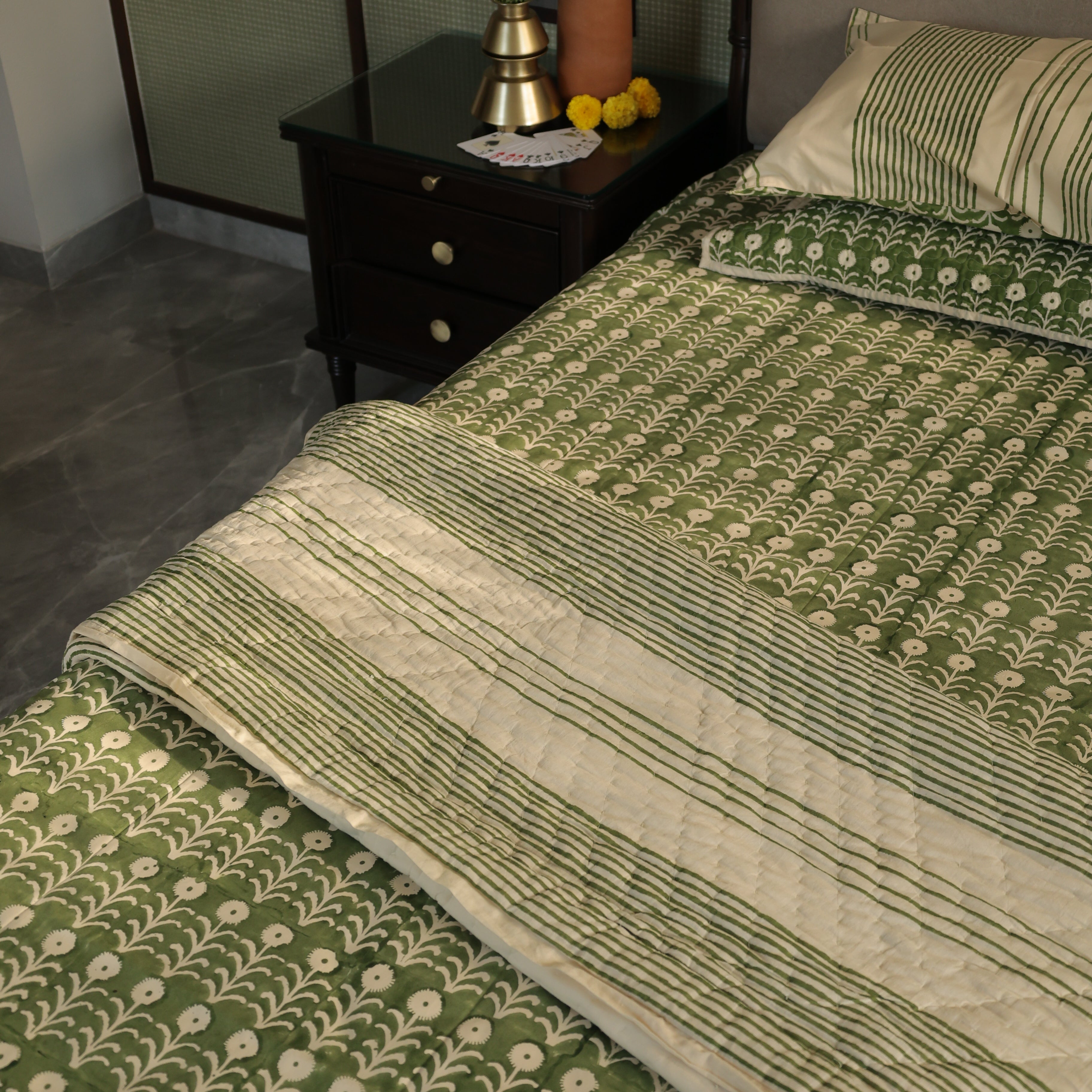 Beige and olive green reversible Jaipuri quilt for all seasons