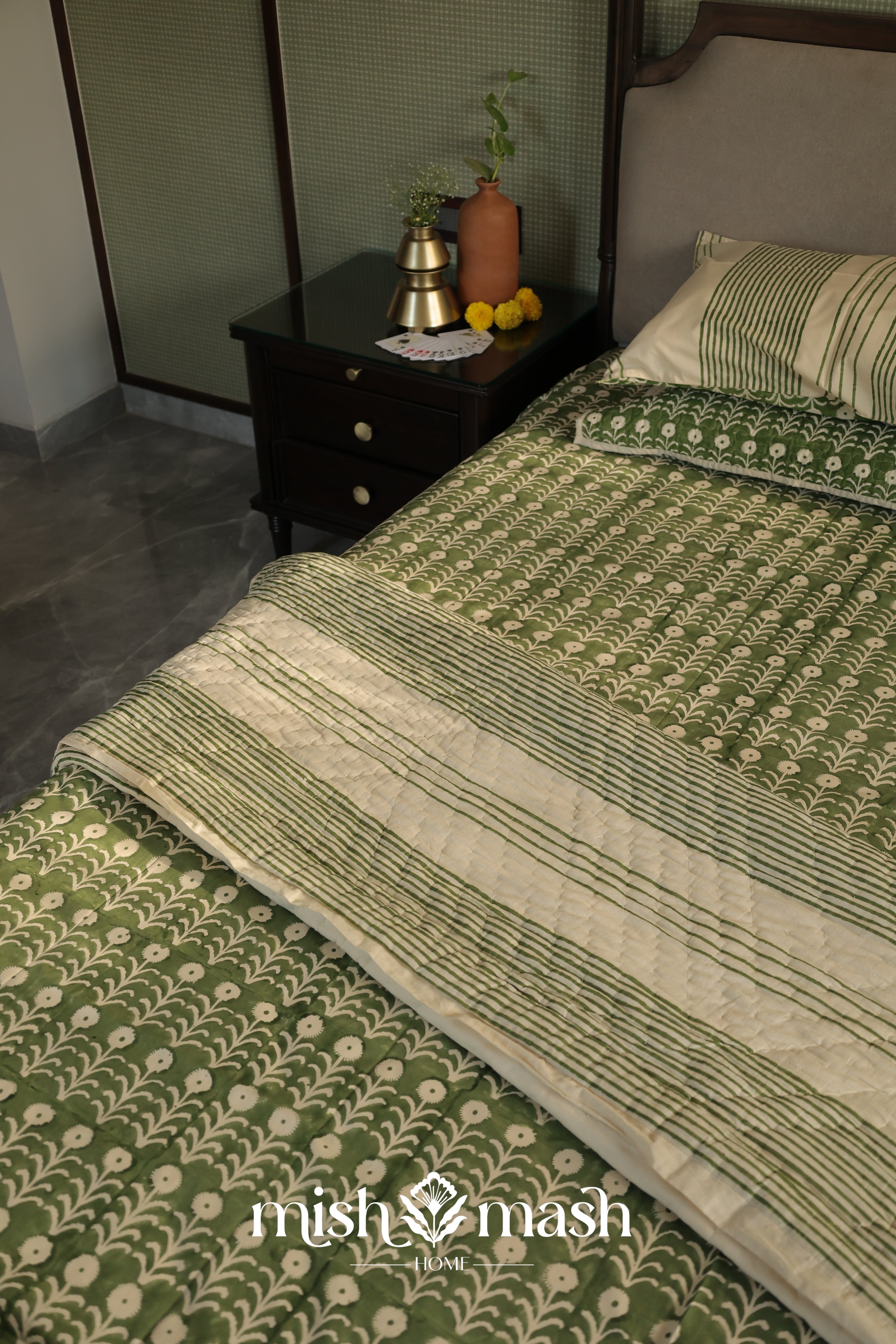 Beige and olive green reversible Jaipuri quilt for all seasons