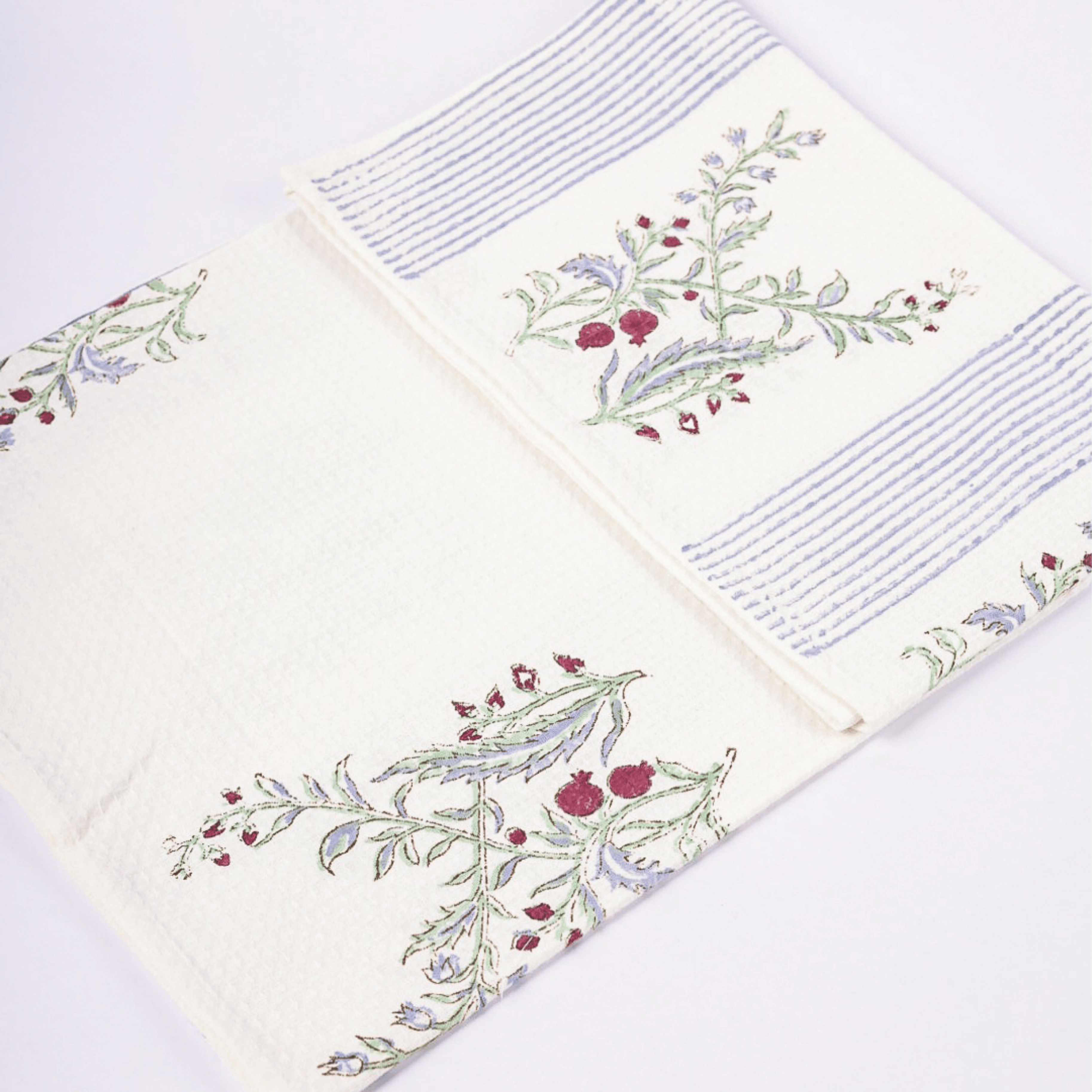 Waffle cotton bath towel with green anar hand block print