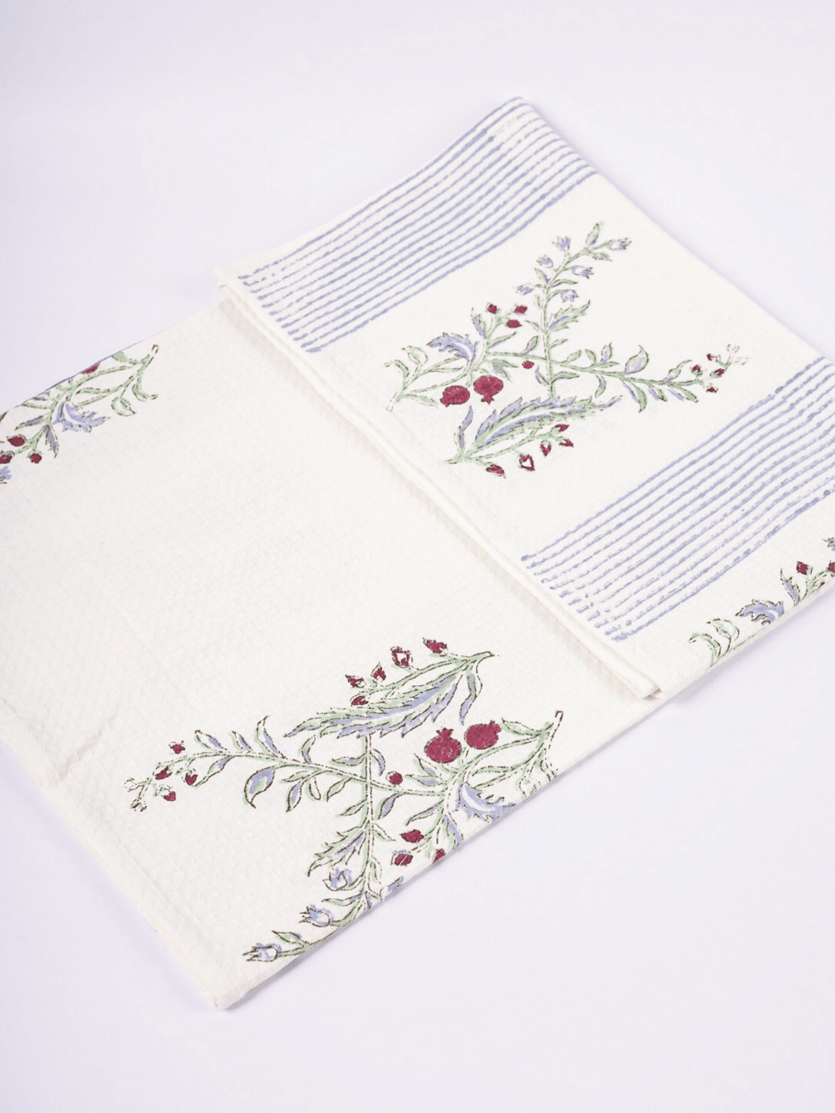 Waffle cotton bath towel with green anar hand block print