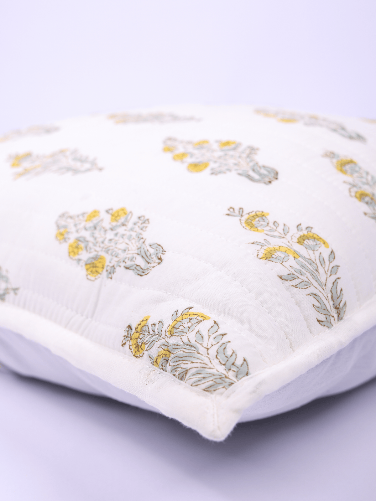 Cotton cushion cover with yellow floral block print