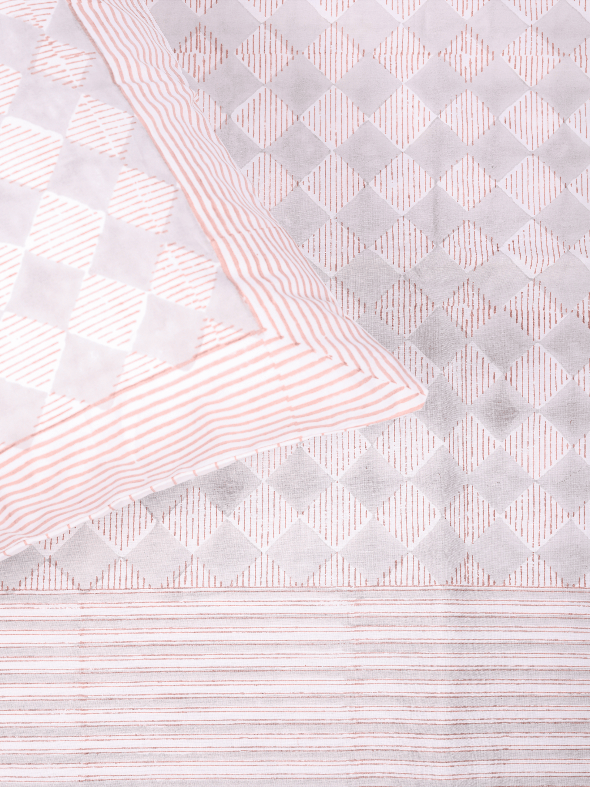 Hand block printed cotton bedsheet with red & grey checks design on white